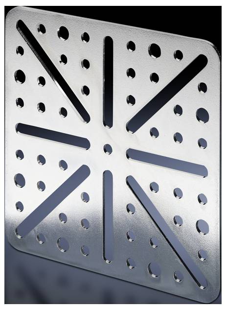 Plaque métallique avec motif en croix et ouvertures circulaires, adaptée aux applications industrielles ou à des fins de design.