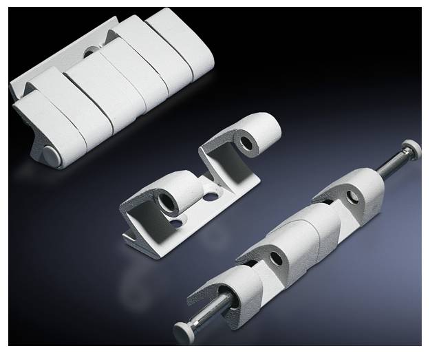 Trois pièces techniques en plastique avec des articulations mobiles et une tige métallique, représentées sur un fond bleu foncé.