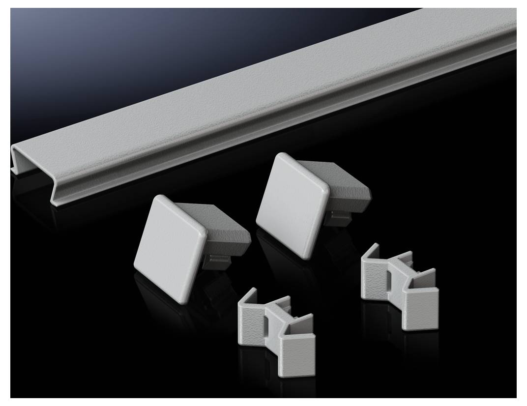 Ensemble de profilés de finition en aluminium avec embouts et clips de fixation, adapté pour meubles ou revêtements de sol.
