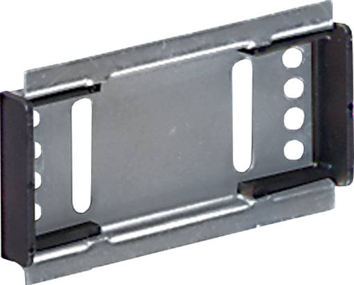Support de fixation métallique avec plusieurs perforations et fentes, adapté pour la fixation ou le montage de composants sur différentes surfaces.