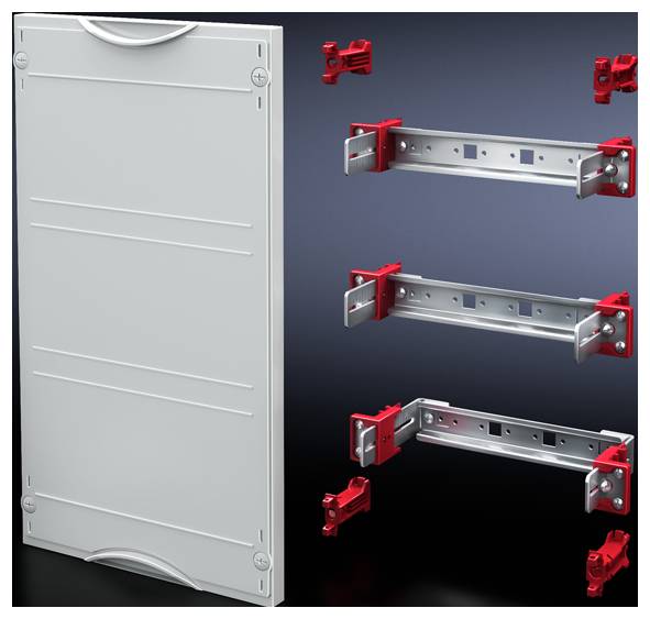 Un boîtier métallique avec des supports rouges et des rails montés, servant à fixer des composants électroniques.