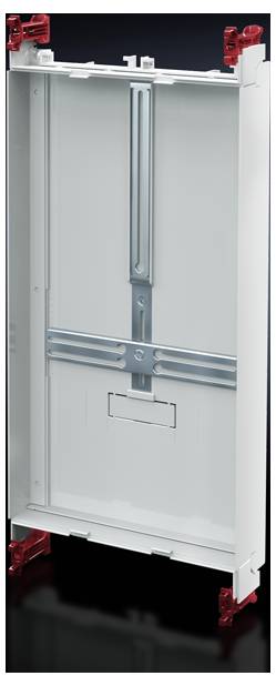 Un cadre métallique blanc rectangulaire aux coins rouges, probablement un cadre de montage, sur un fond noir.