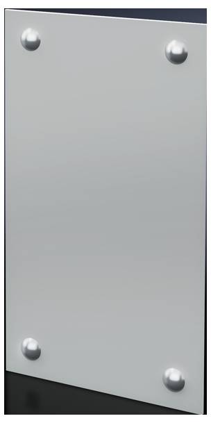 Plaque rectangulaire en métal argenté avec des coins arrondis et quatre rivets aux angles ; surface lisse et mate.