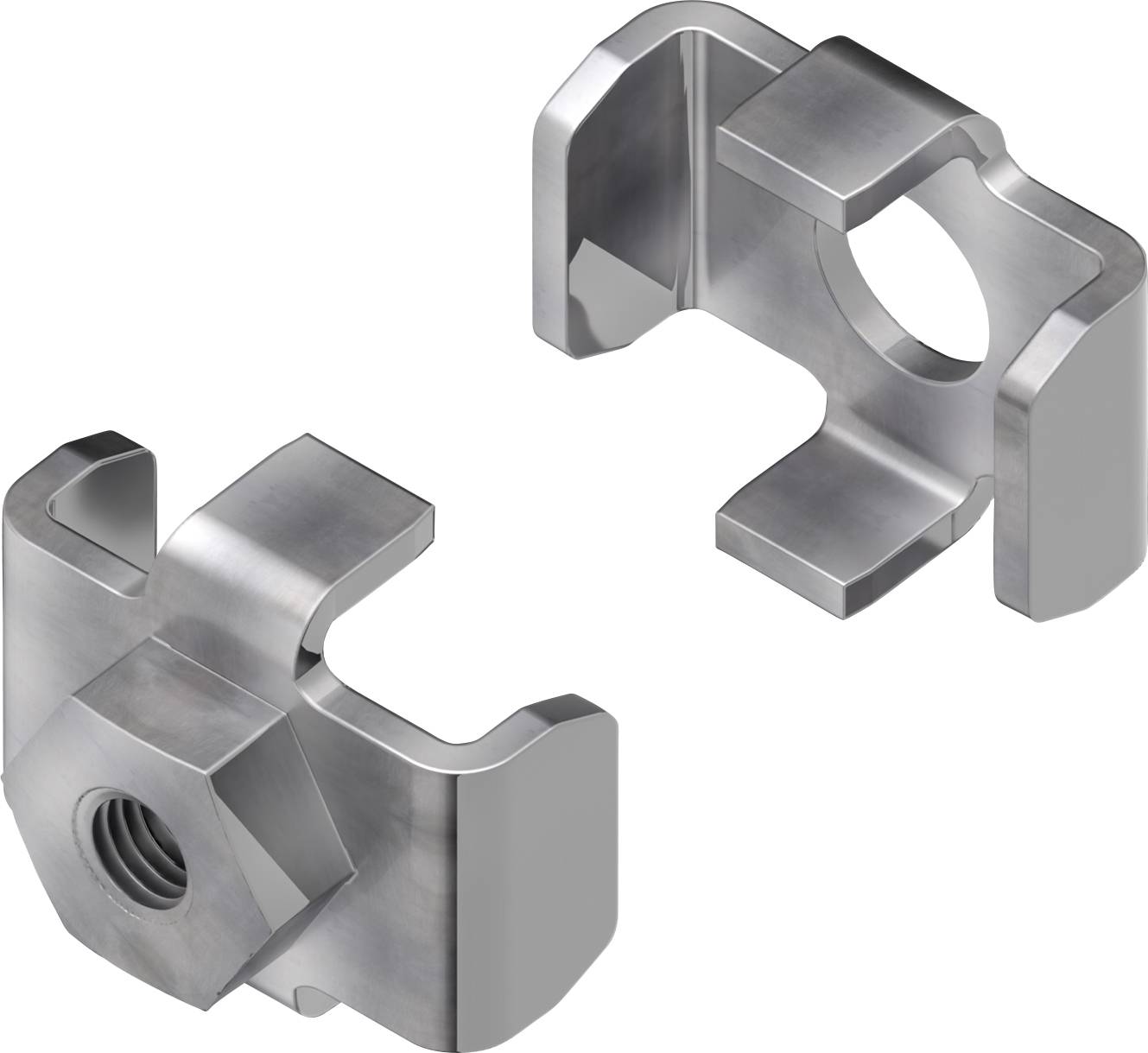 Pièce métallique avec un trou fileté et une forme qui peut être utilisée pour des connexions mécaniques ou des fixations dans des applications techniques.