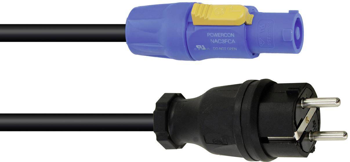 'Illustration d'un connecteur bleu et noir avec un levier jaune, bornes supérieures et prise européenne en bas, pour branchement électrique.'