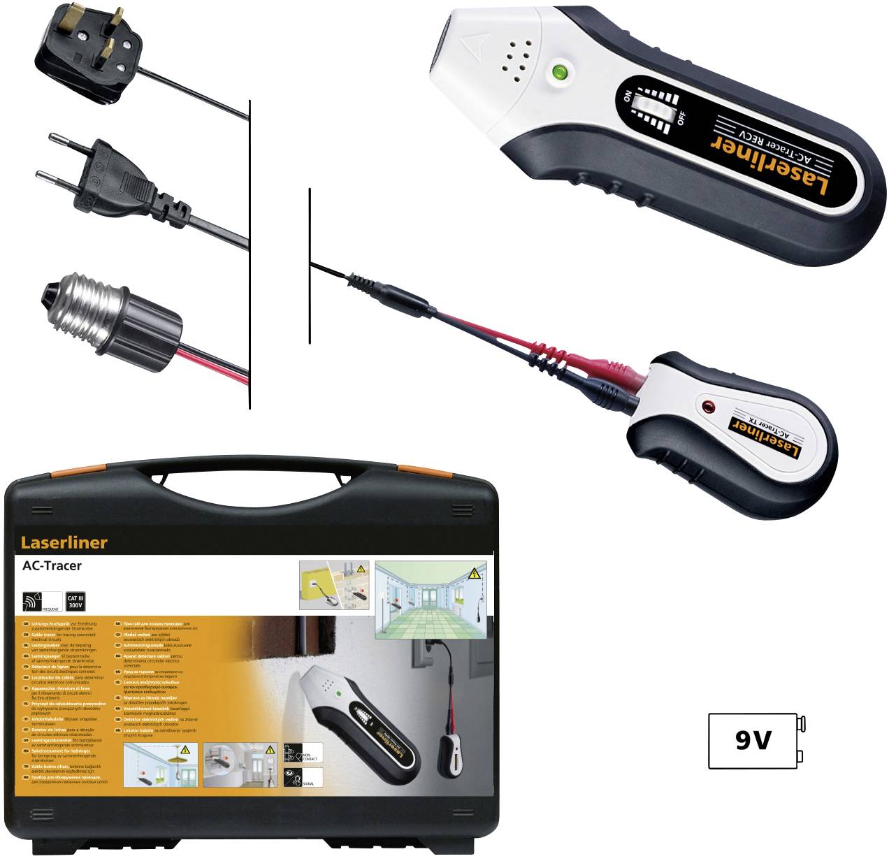 Un traceur de ligne laser AC-Tracer pour le traçage de lignes. Comprend un appareil portable, un adaptateur, une mallette et une connexion 9V. Permet de suivre les câbles et les lignes électriques.