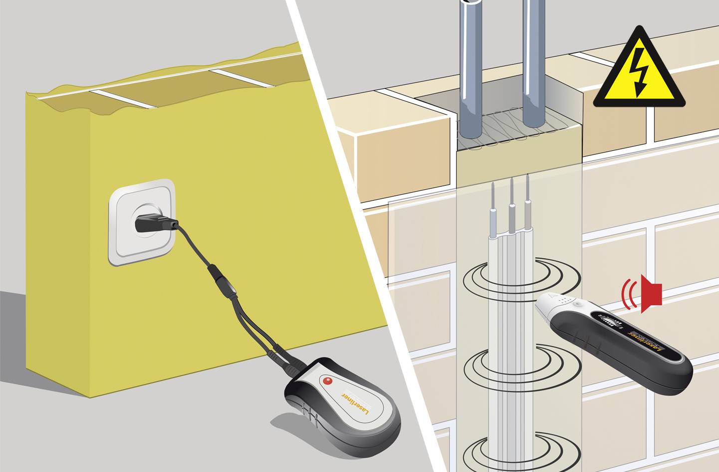 Un détecteur de câbles localise les câbles dans le mur. À gauche : l'appareil branché dans une prise électrique. À droite : le détecteur trouve le câble et signale sa présence par un signal sonore.