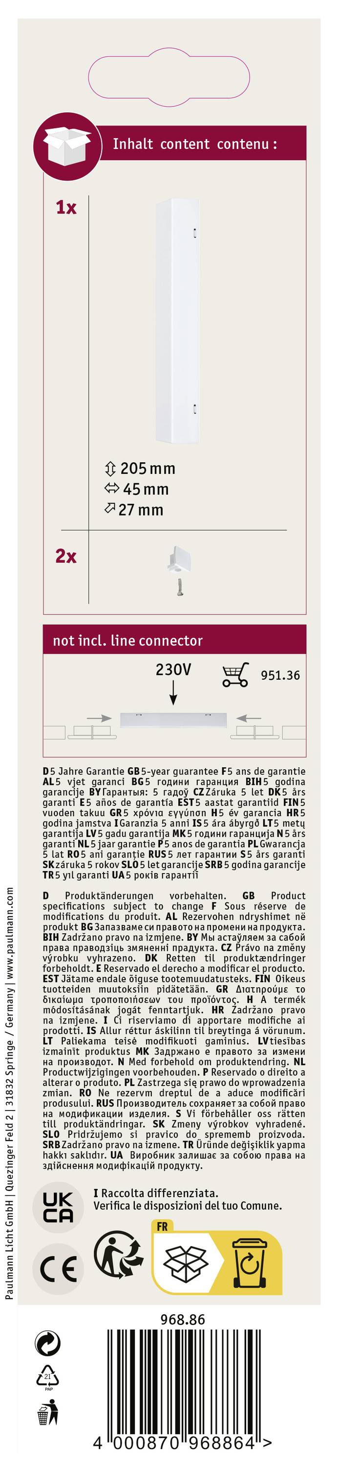 Étiquette d'emballage d'un chargeur avec marquage CE. Contient une illustration du chargeur, une vis, des détails techniques et des symboles de sécurité.