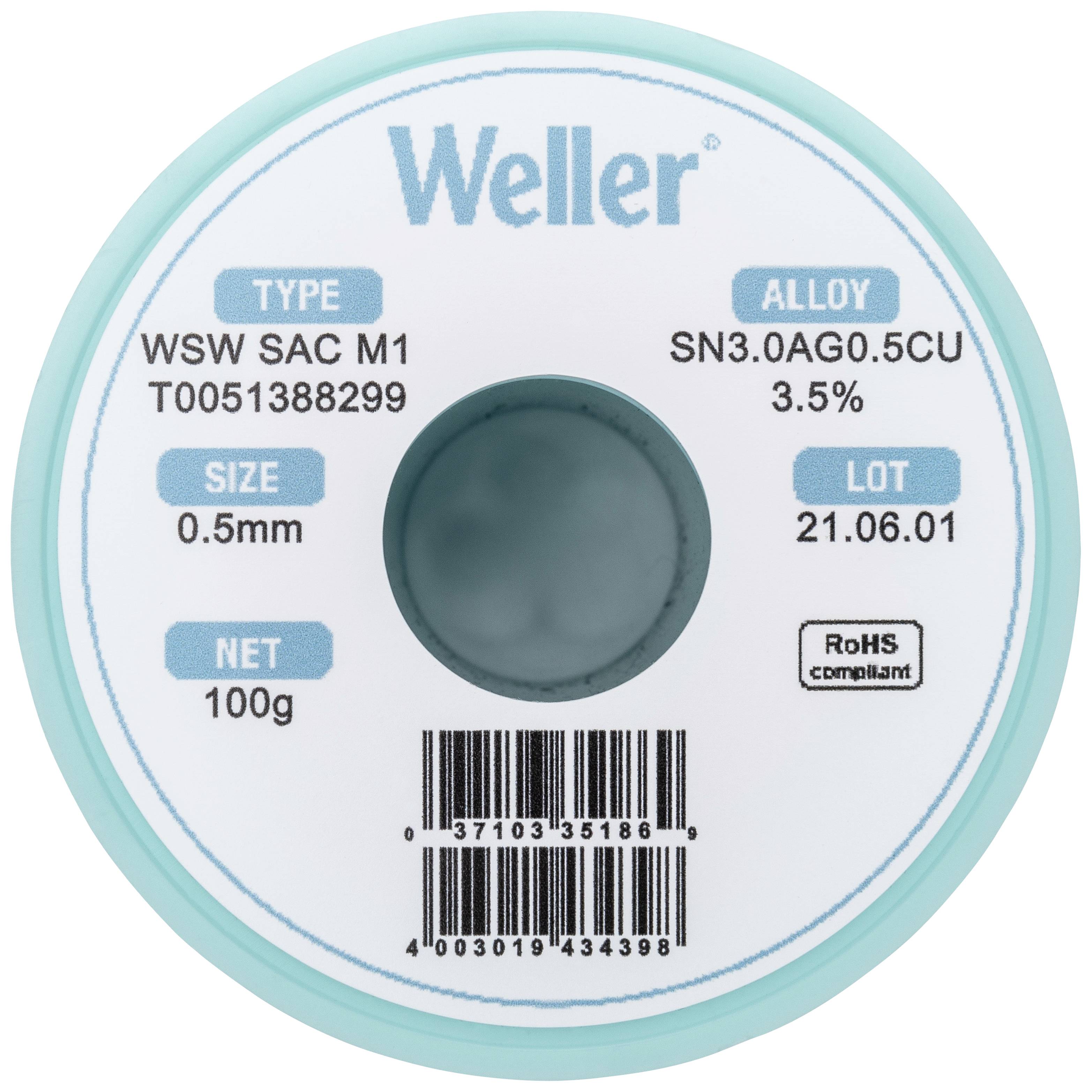 Bobine de soudure 'Weller' avec spécifications : Type WSW SAC M1, diamètre 0,5 mm, poids 100 g, alliage SN3.0AG0.5CU 3,5 %.