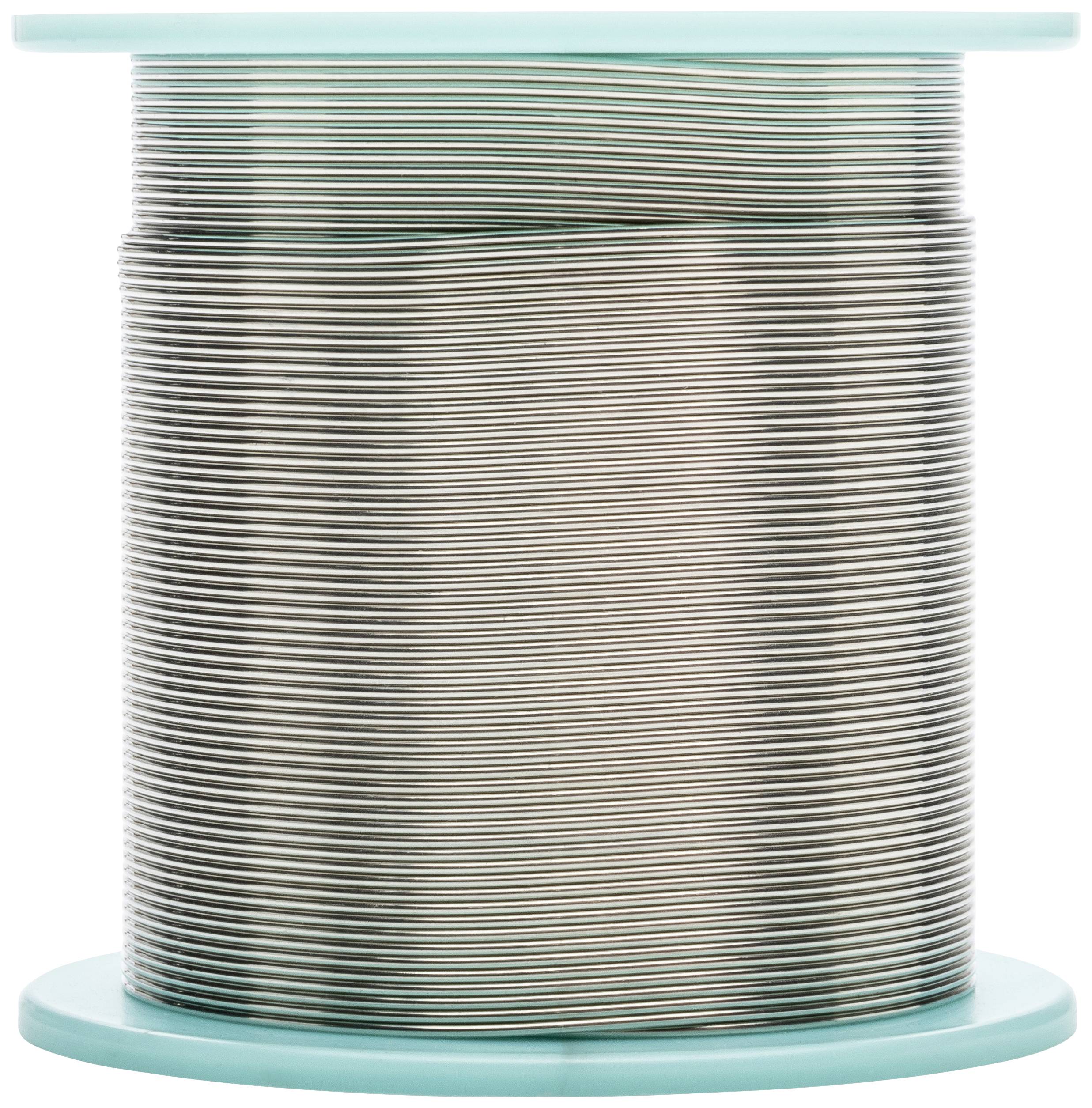 Grande bobine de fil métallique argenté, enroulé de manière serrée et uniforme. Adaptée aux travaux de soudure ou aux projets de bricolage.