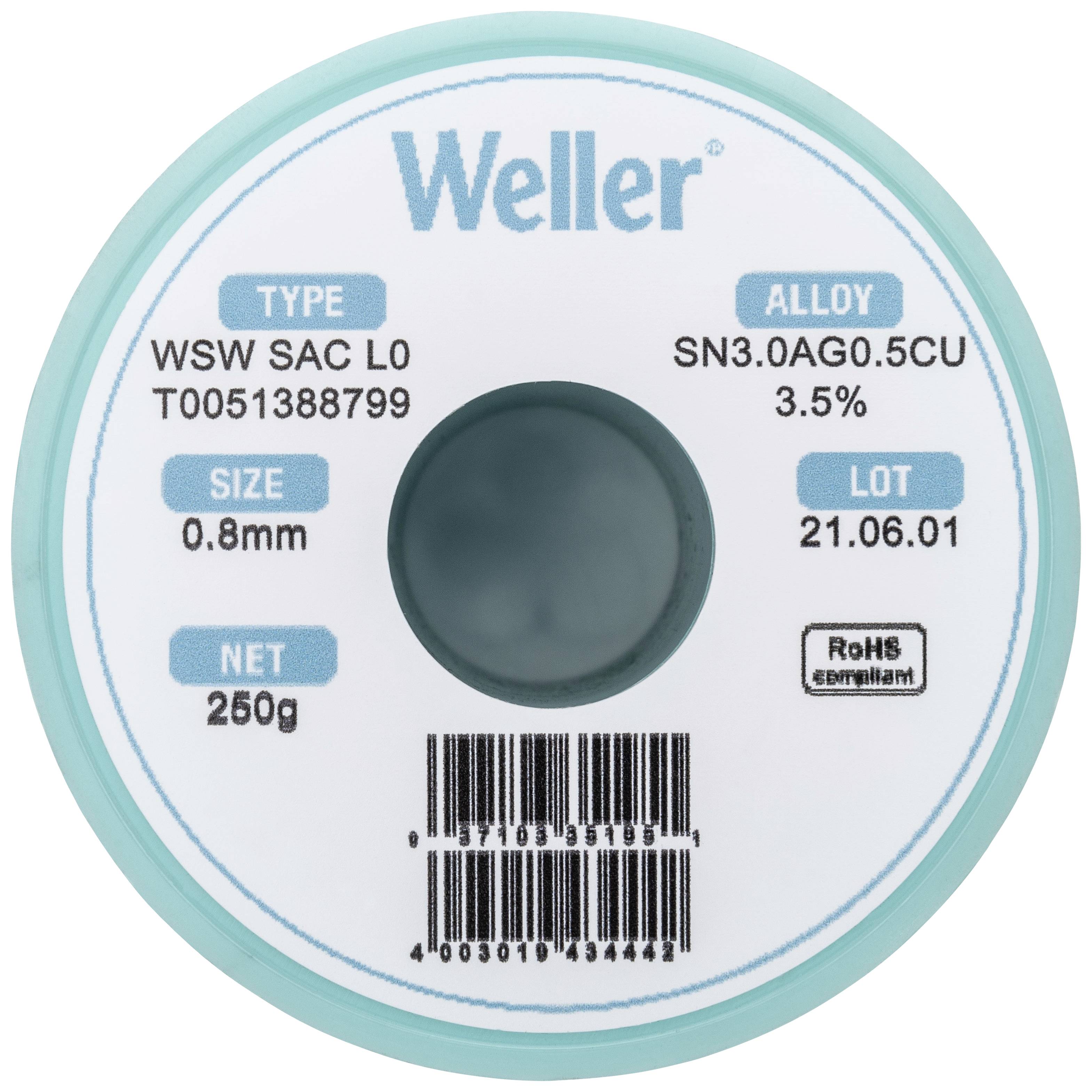 Bobine de soudure Weller, type : WSW SAC L0, taille : 0,8 mm, 250 g, alliage : SN3.0AG0.5CU 3,5%, lot : 21.06.01, conforme RoHS.