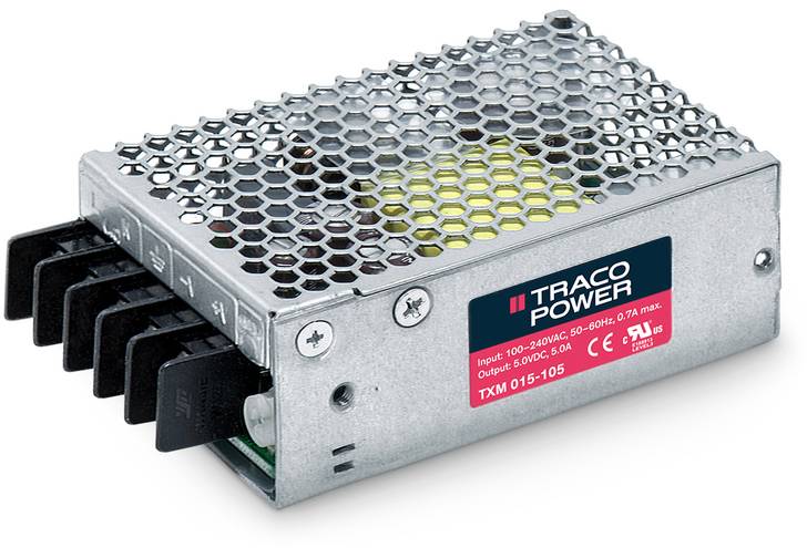 Bloc d'alimentation métallique avec grille de ventilation, étiquette portant le nom de la marque, les spécifications techniques et les logos de certification.