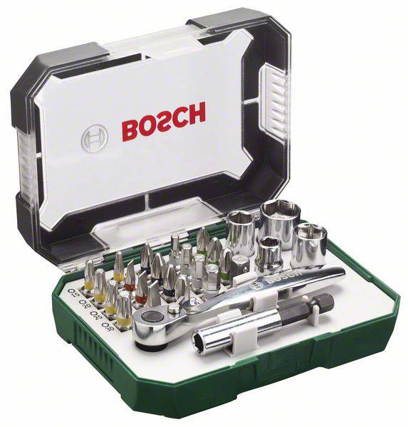 Coffret d'outils Bosch dans un boîtier ouvert, contenant des embouts de tournevis et des clés à douille de différentes tailles, emballage vert et blanc.