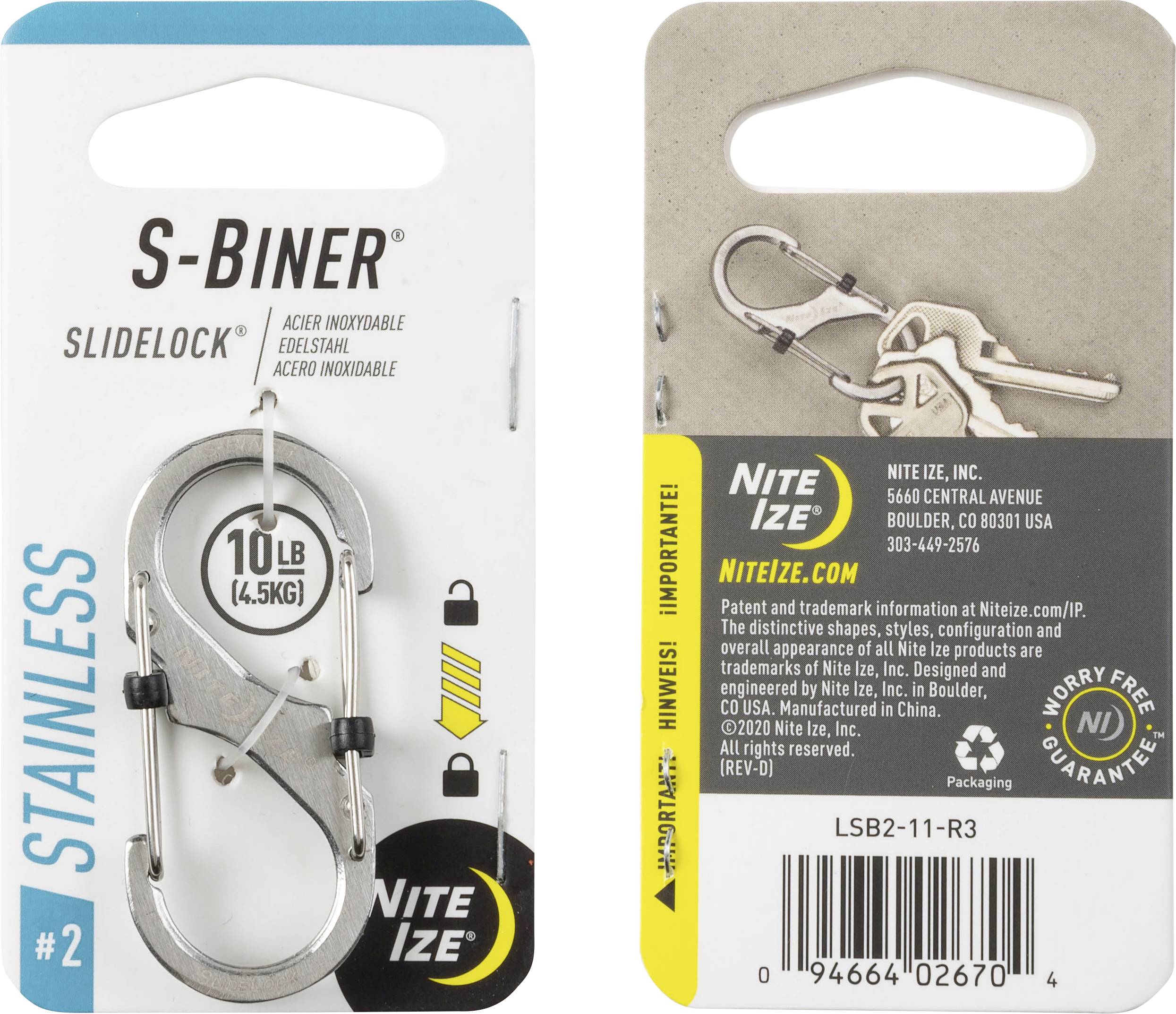 Lot de deux mousquetons Nite Ize S-Biner SlideLock #2 en acier inoxydable, supporte jusqu'à 4,5 kg (10 livres), l'emballage présente la marque et les détails du produit.