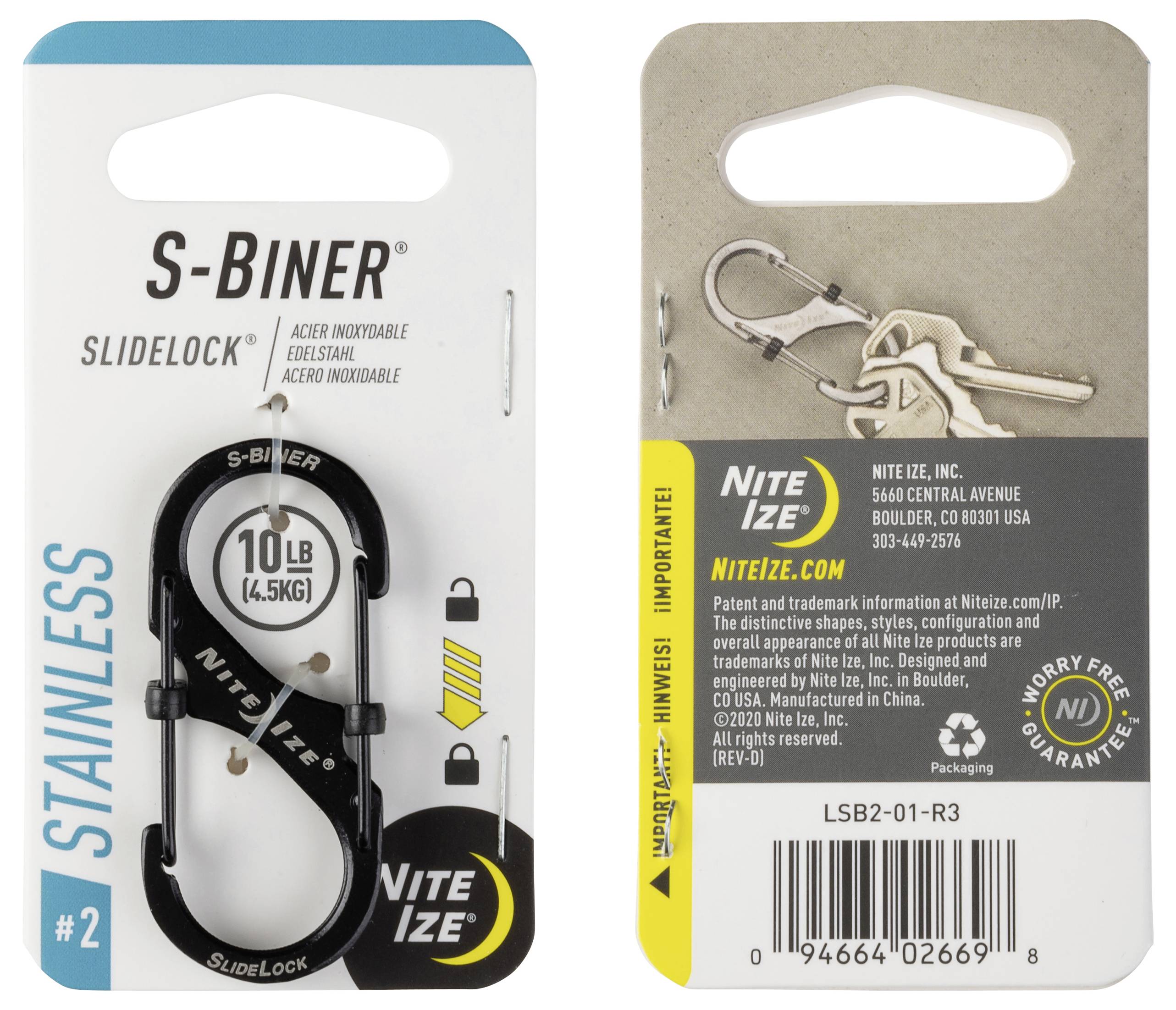 Mousqueton de verrouillage coulissant « S-Biner », en acier inoxydable, supporte 10 lb (4,5 kg). L'emballage présente les caractéristiques du produit, la marque (Nite Ize) et les détails du fabricant.