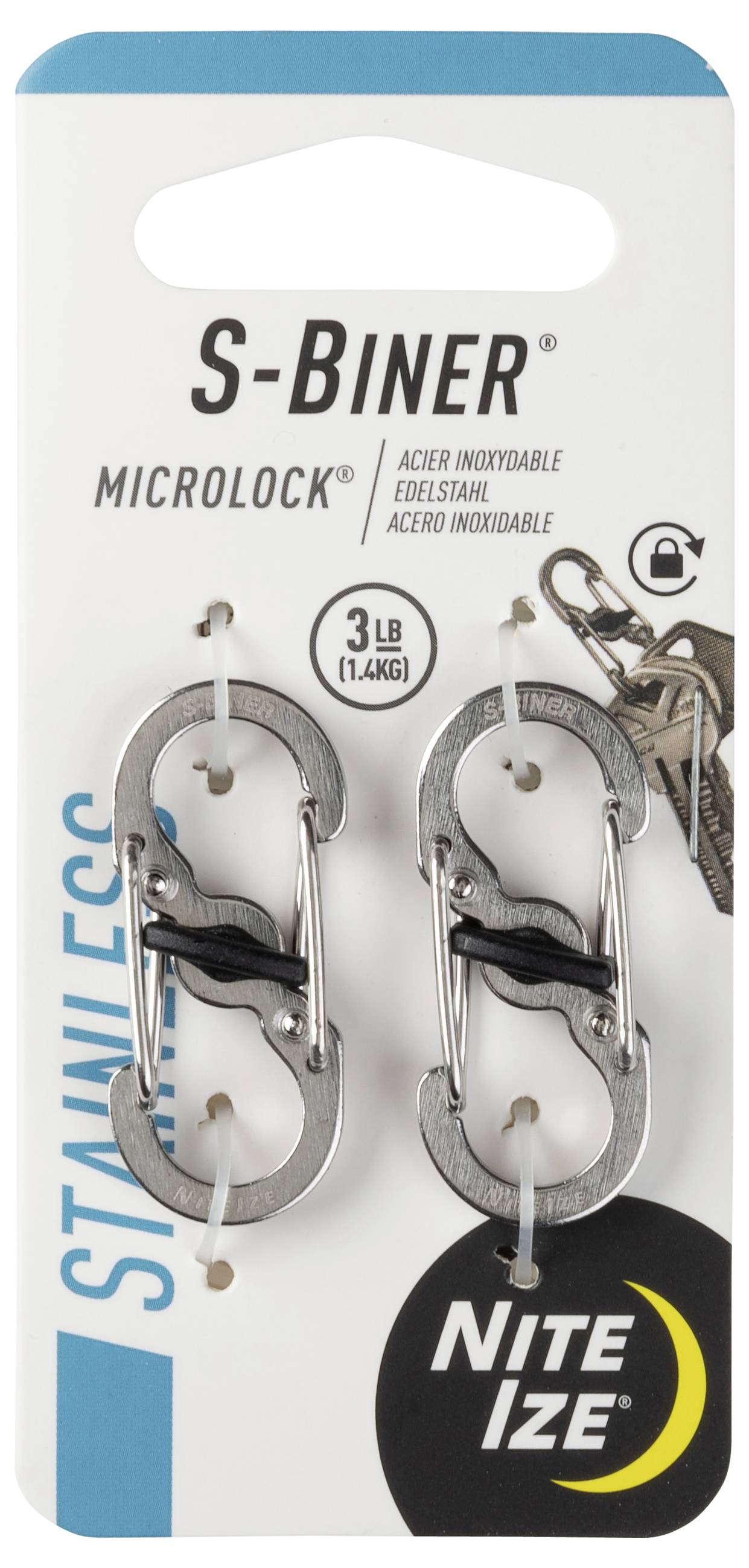 Mousqueton 'S-Biner Microlock' de Nite Ize, en acier inoxydable, supporte jusqu'à 3 livres. L'emballage présente deux mousquetons doubles à double verrouillage sur une carte.