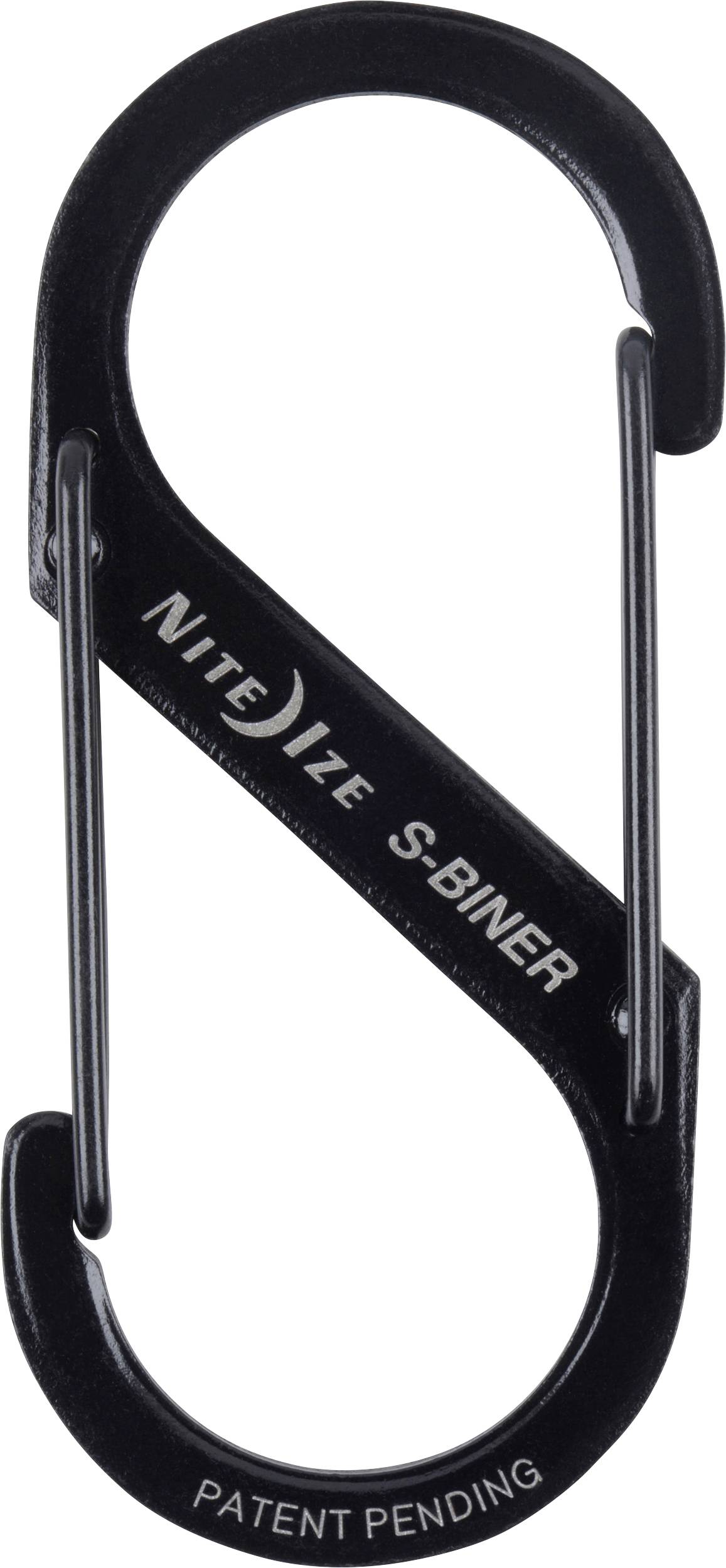 Mousqueton noir en forme de S étiqueté « Nite Ize S-Biner » avec « Brevet en instance » au bas.