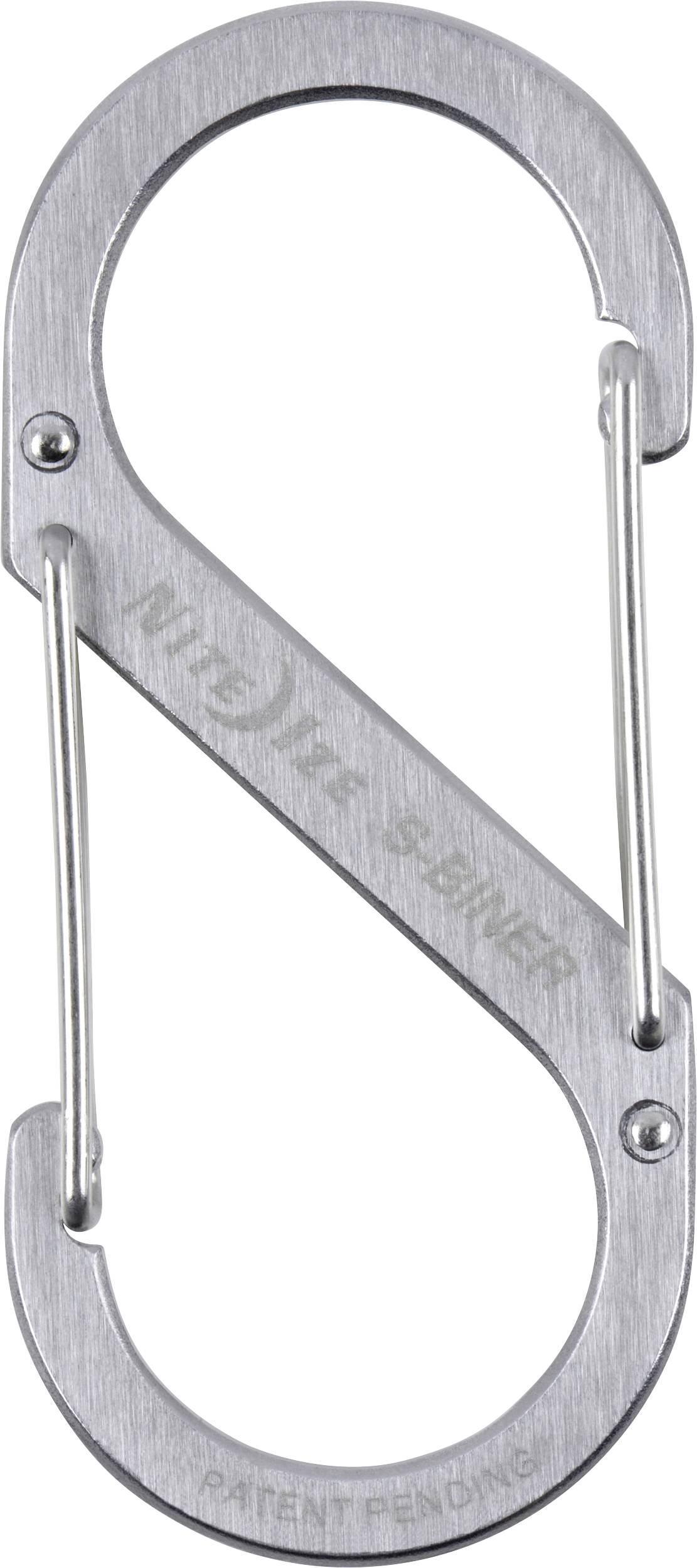 Un mousqueton métallique en forme de S avec deux portes à ressort, étiqueté 'Nite Ize S-Biner', utilisé pour attacher des objets.