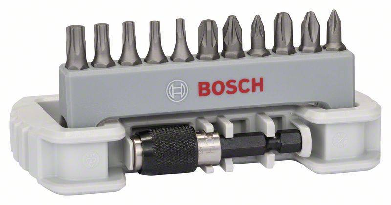 Lot de embouts de Bosch avec différents adaptateurs de vissage dans un support compact, idéal pour une utilisation lors de différents travaux de vissage.