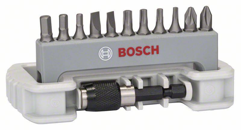 Coffret de Bosch avec différents embouts de tournevis et un porte-embouts à changement rapide. Idéal pour les travaux de bricolage.