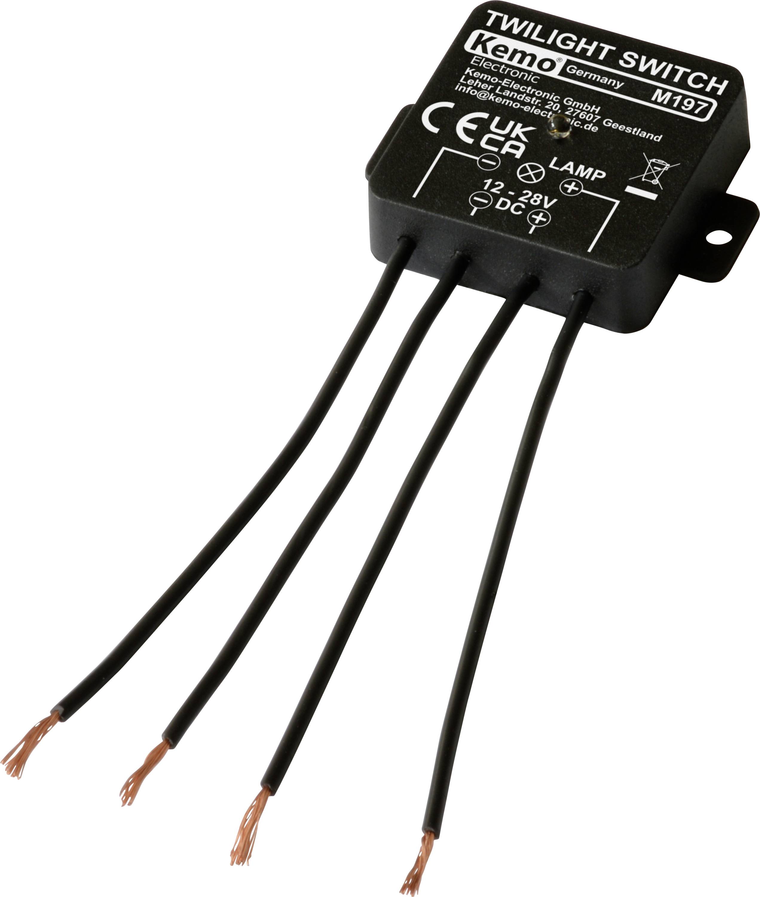 Un interrupteur crépusculaire Kemo avec quatre câbles de connexion. Adapté pour 12-28V courant continu. Boîtier avec languette de fixation.