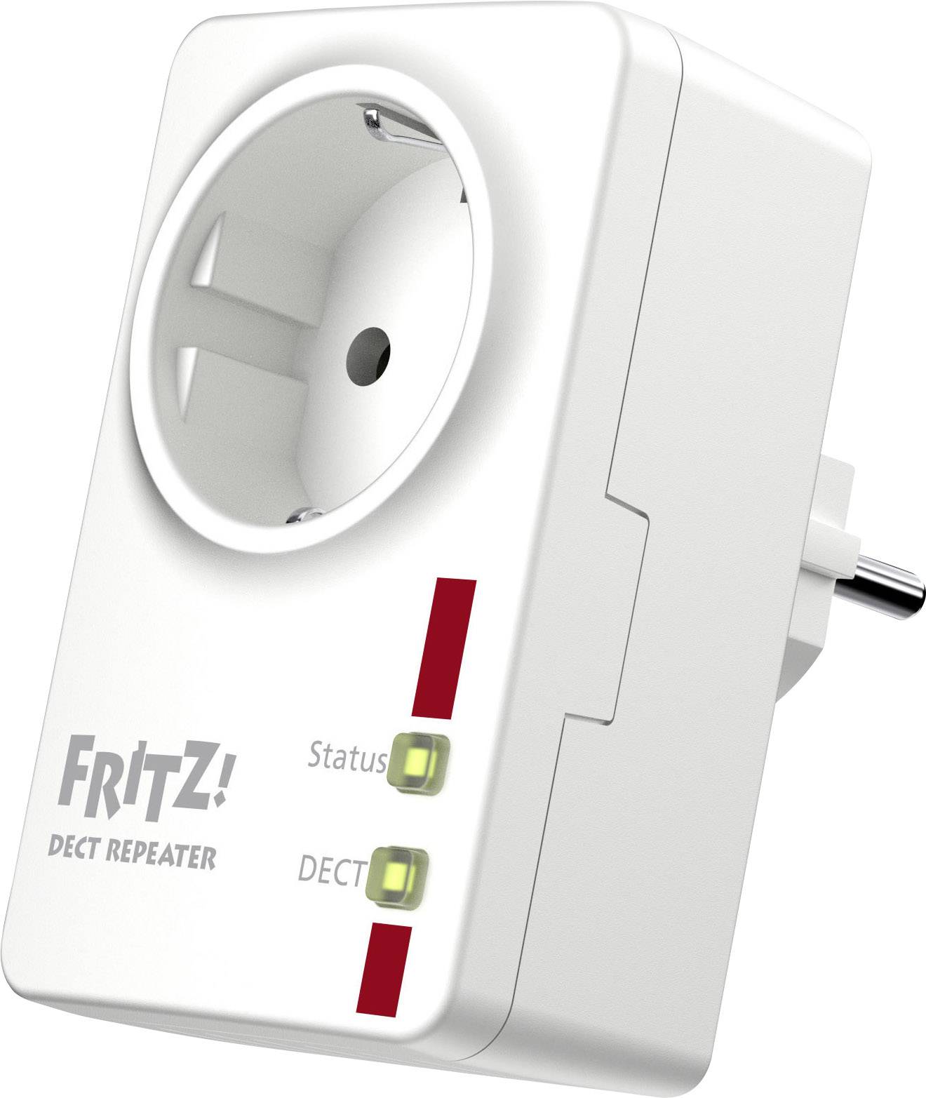 Répéteur DECT sous forme de prise électrique avec le logo 'FRITZ!'. Deux LED indiquent le statut et la connexion DECT. Design rectangulaire blanc.