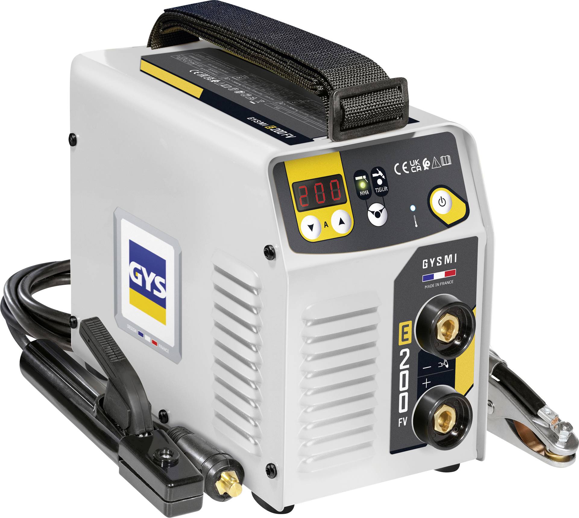 Machine de soudage portable GYSMI E200 FV avec affichage numérique, panneau de commande frontal, câble et pince attachés.