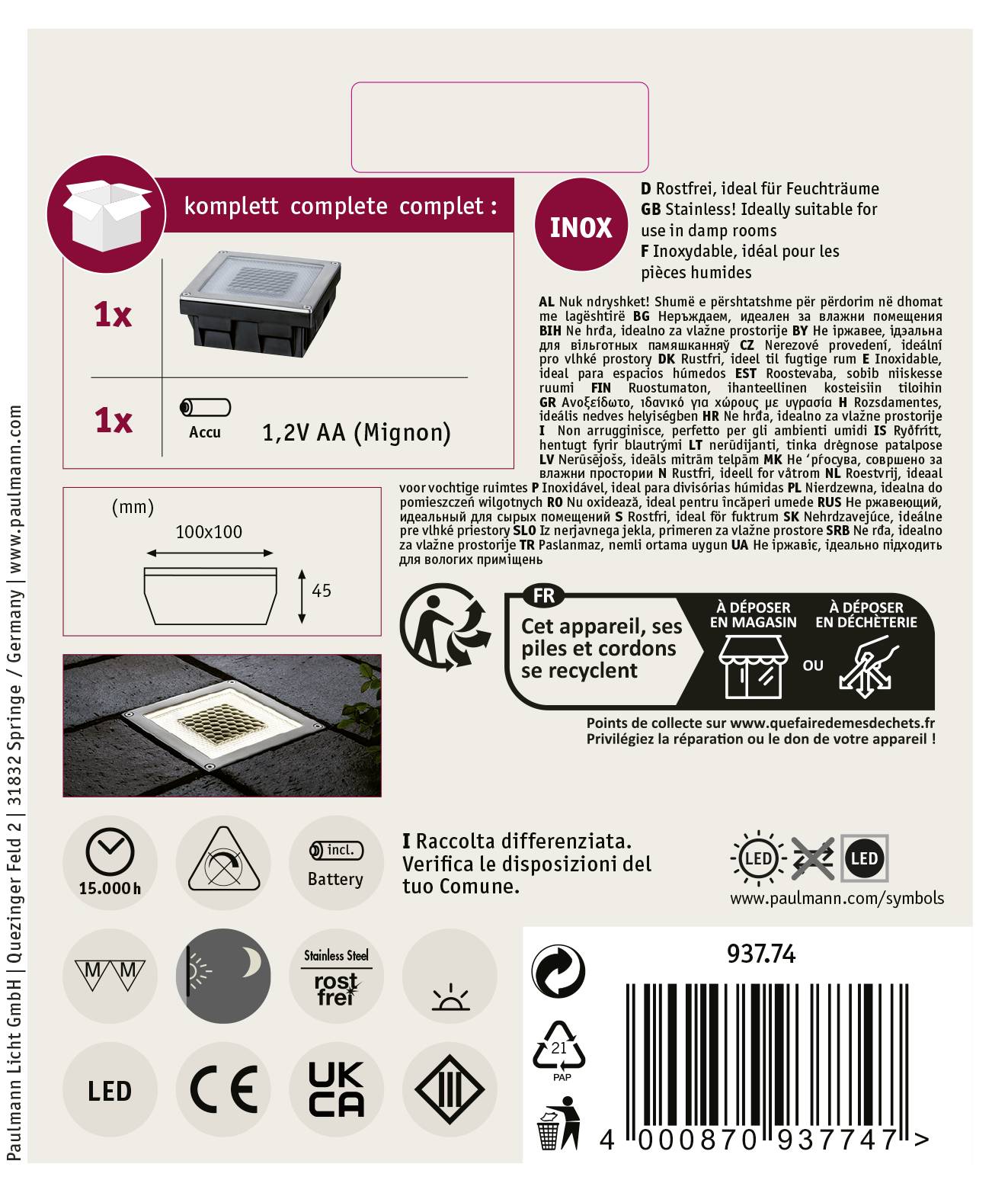 Lampe solaire encastrable Paulmann Cube 0.24 W acier inoxydable, transparent(e)