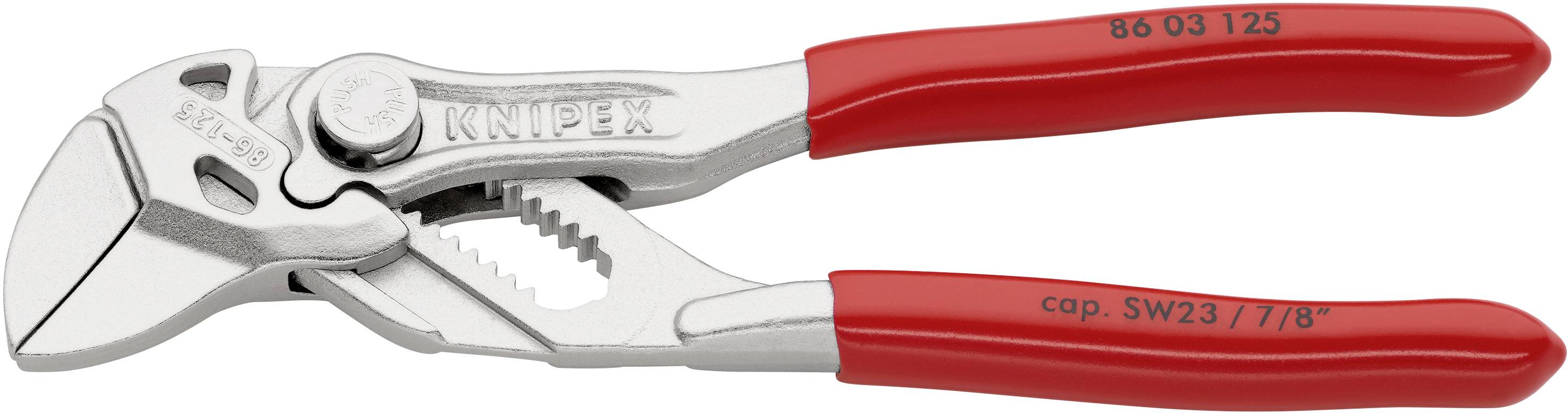 Une pince KNIPEX à poignée rouge, adaptée à différentes tailles grâce à des mâchoires réglables, convenant à une préhension précise.