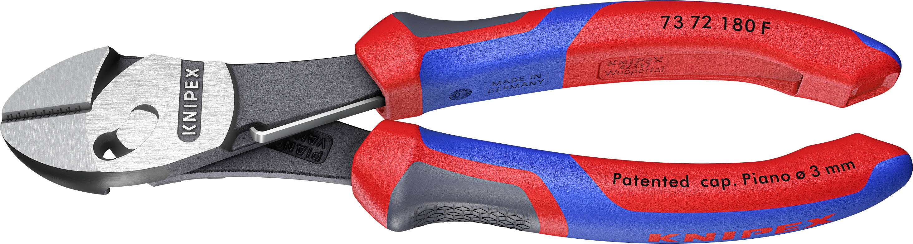 Une paire de pinces coupantes diagonales Knipex avec des poignées ergonomiques rouges et bleues, affichant le numéro de modèle et le texte « Brevet déposé cap. Piano ø 3 mm » sur le côté.