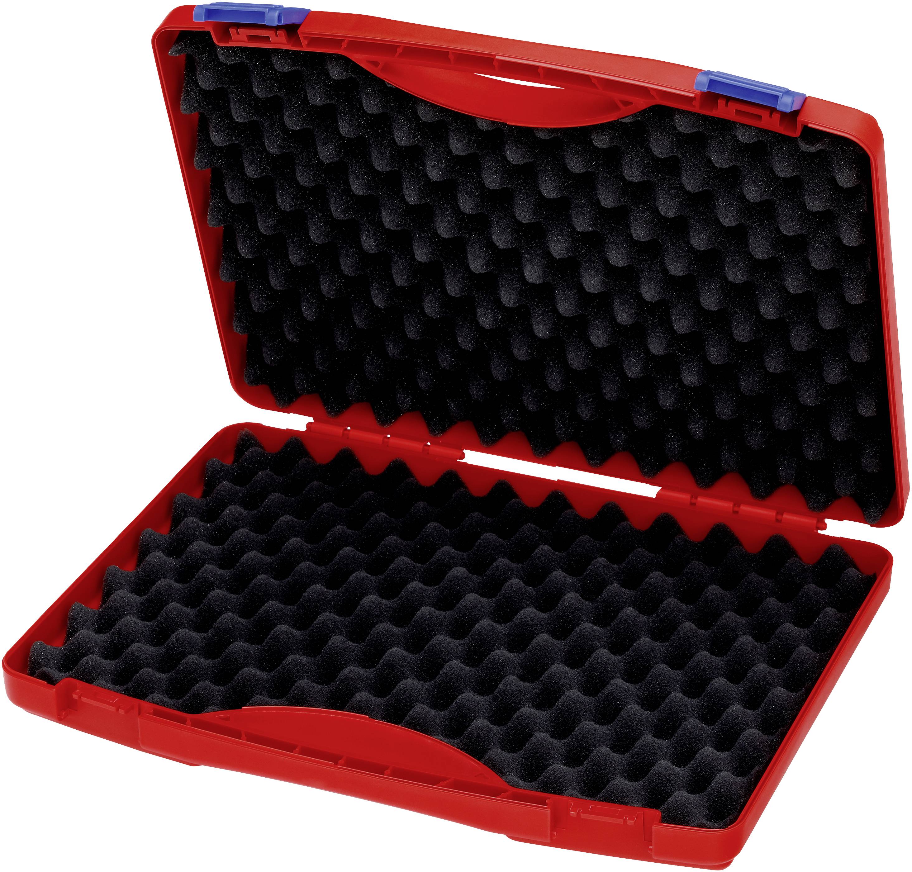 Valise rouge, ouverte, avec de la mousse ondulée noire à l'intérieur, adaptée à la protection et au transport d'objets fragiles.