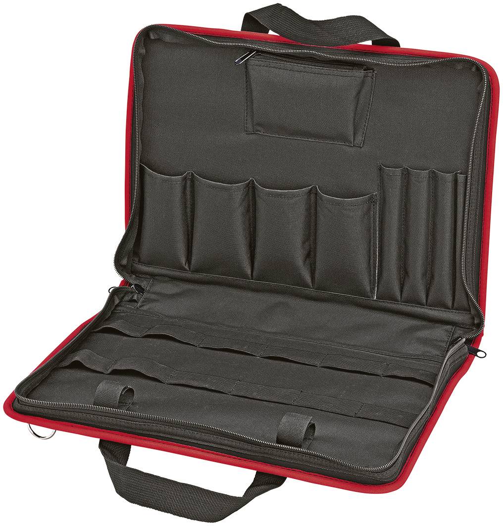 Mallette à outils rouge avec plusieurs poches et compartiments, ouverte, montrant son aménagement intérieur pour le rangement organisé des outils.