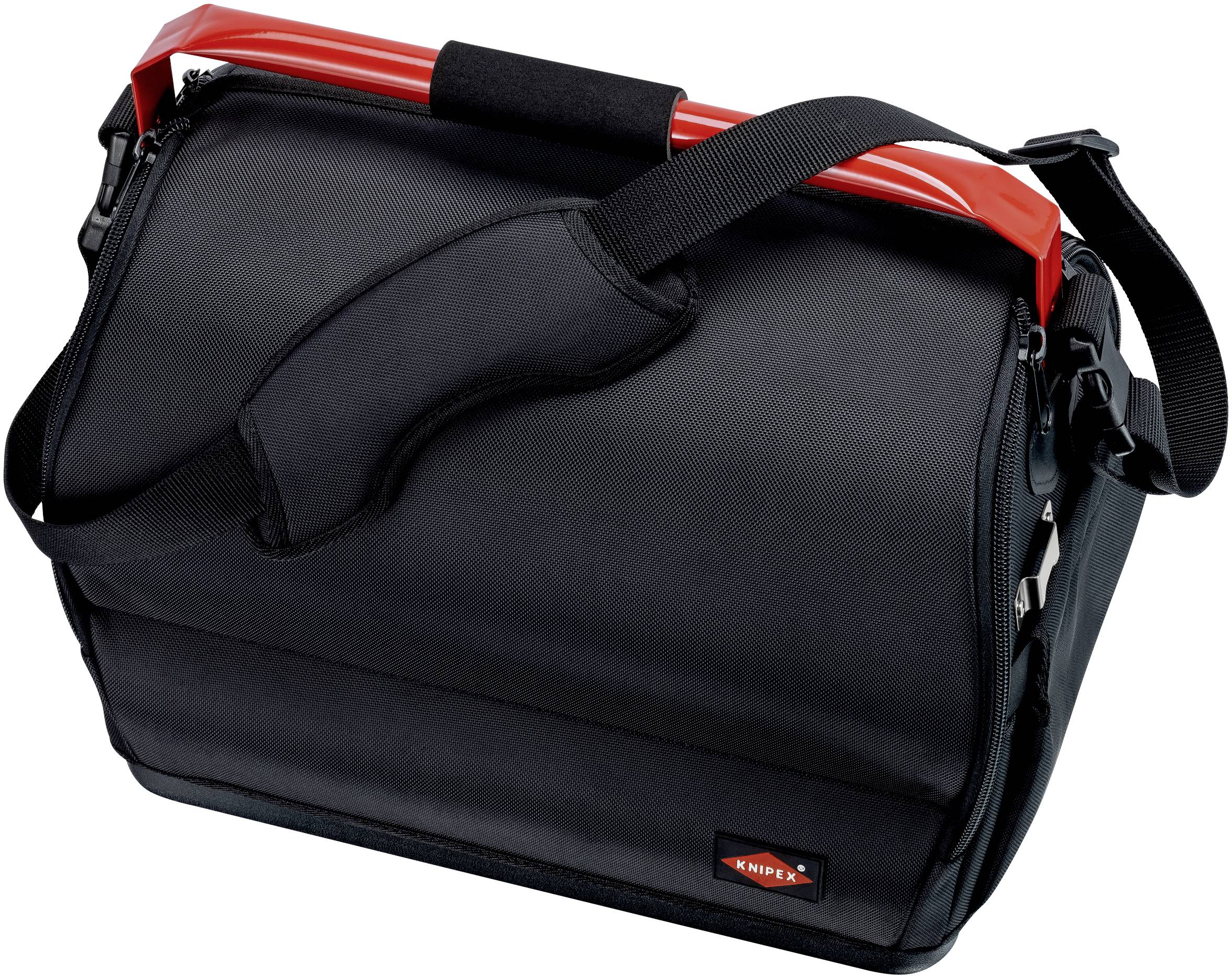 Sac à outils noir avec poignée rouge et bandoulière, idéal pour le transport en toute sécurité des outils.