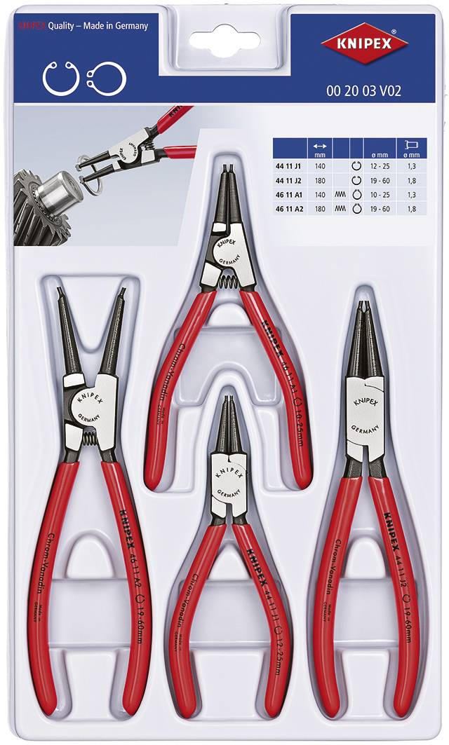 Quatre pinces rouges dans un emballage avec des valeurs indicatives de taille. Nom de marque en haut à droite. Outils pour une préhension et une coupe précises.