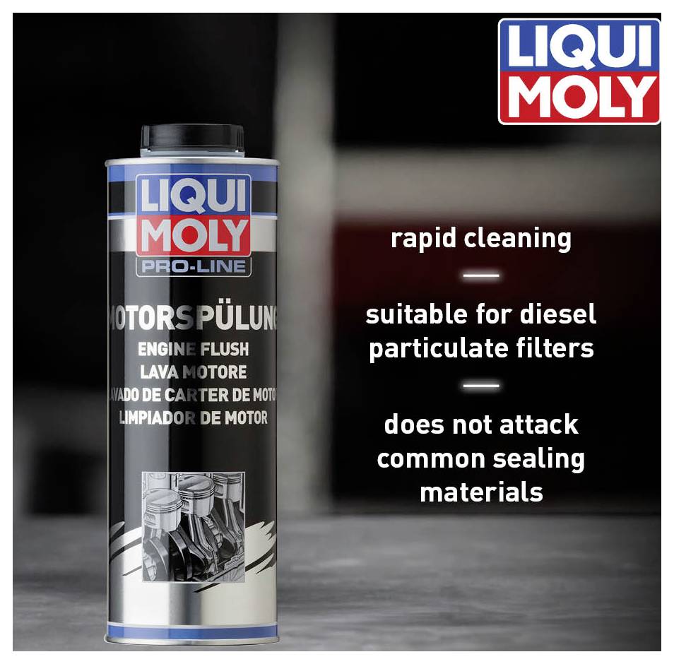 Bouteille Liqui Moly Pro-Line Rinçage Moteur avec texte : « nettoyage rapide, adapté aux filtres à particules diesel, neutre vis-à-vis des matériaux de joints courants ».