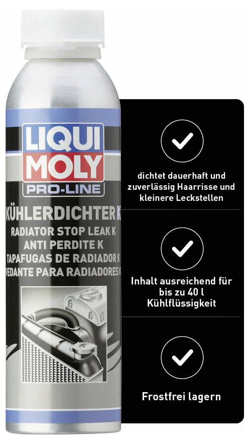 La bouteille contient 'Liqui Moly Kühlerdichter K', qui scelle les fuites. Sur la bouteille figurent les fonctions et les instructions.