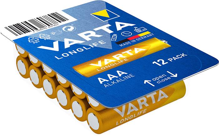 Un pack de 12 piles alcalines AAA Varta Longlife. Emballage en bleu, avec le logo jaune Varta et l'inscription 'Made in Germany'.