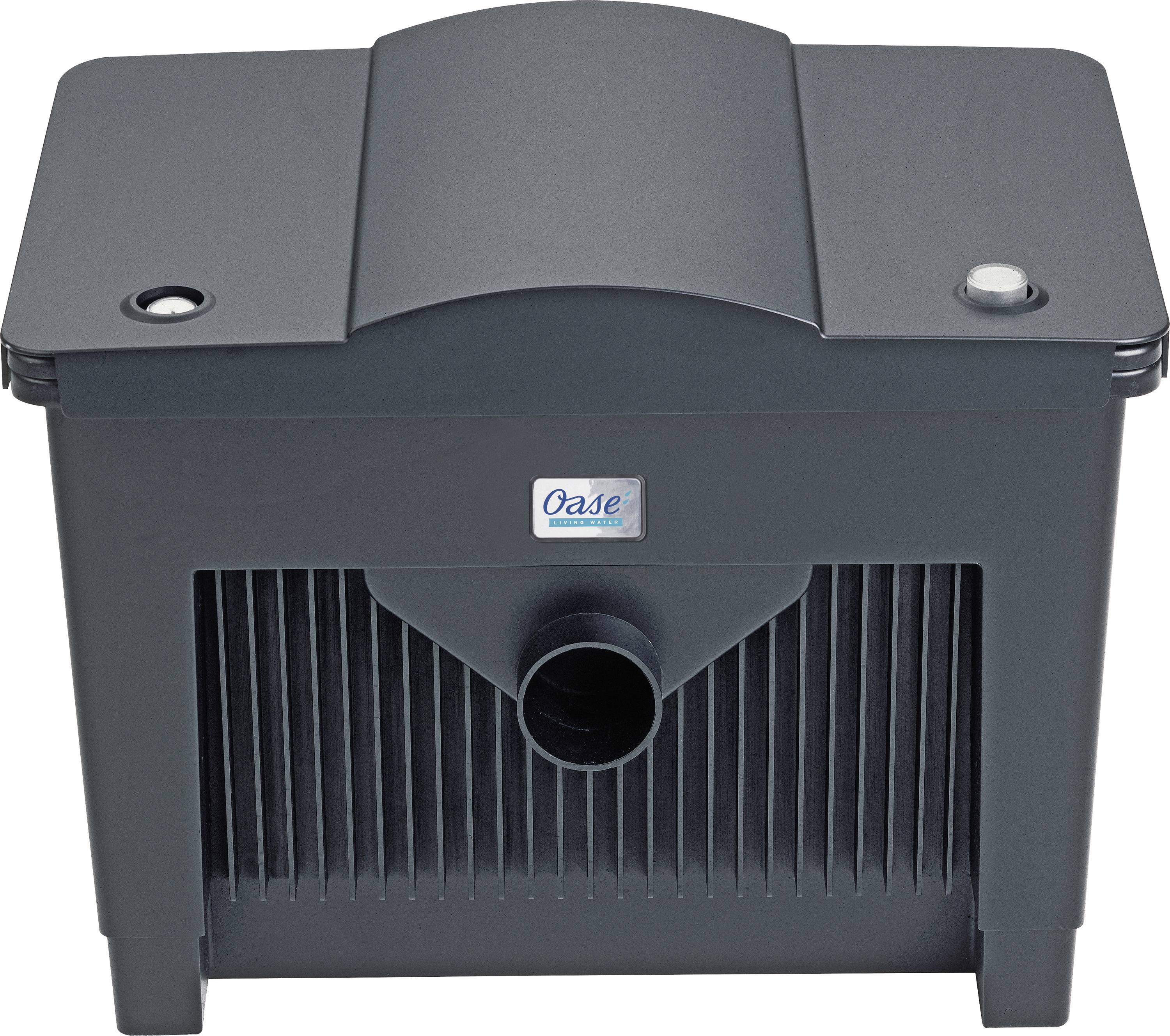 Un boîtier de filtration en plastique avec une ouverture centrale de sortie, conçu pour la filtration de l'eau. La marque OASE est visible sur le panneau avant.