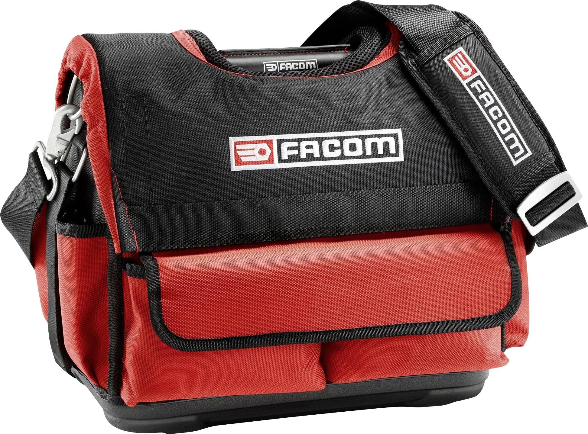 Sac à outils rouge et noir avec sangles de transport et plusieurs poches extérieures, portant le logo 'Facom' sur la sangle et l'avant du sac.