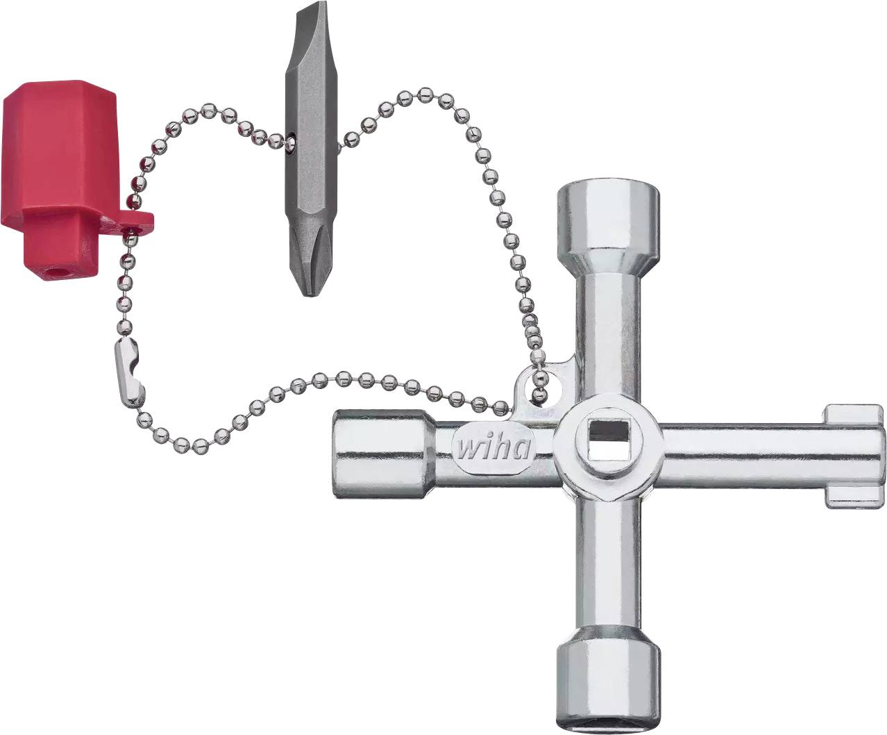 Une clé à quatre pans en argent avec embout amovible et un capuchon en plastique rouge sur une chaîne. Adaptée pour les armoires techniques.