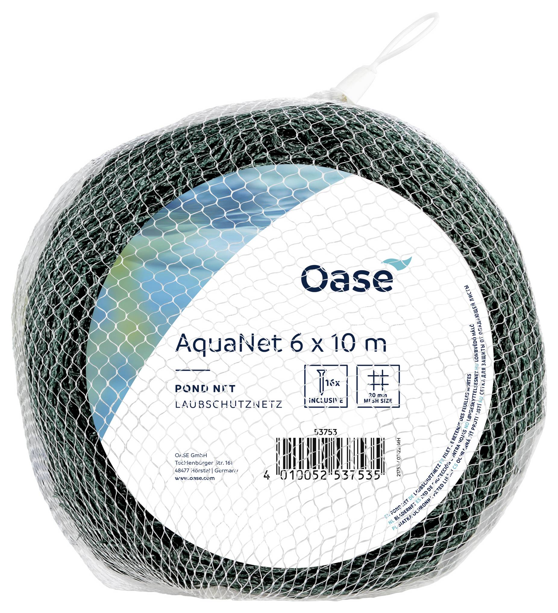 Un rouleau de filet pour bassin de couleur verte étiqueté « Oase AquaNet 6 x 10 m » conçu pour protéger contre les feuilles.