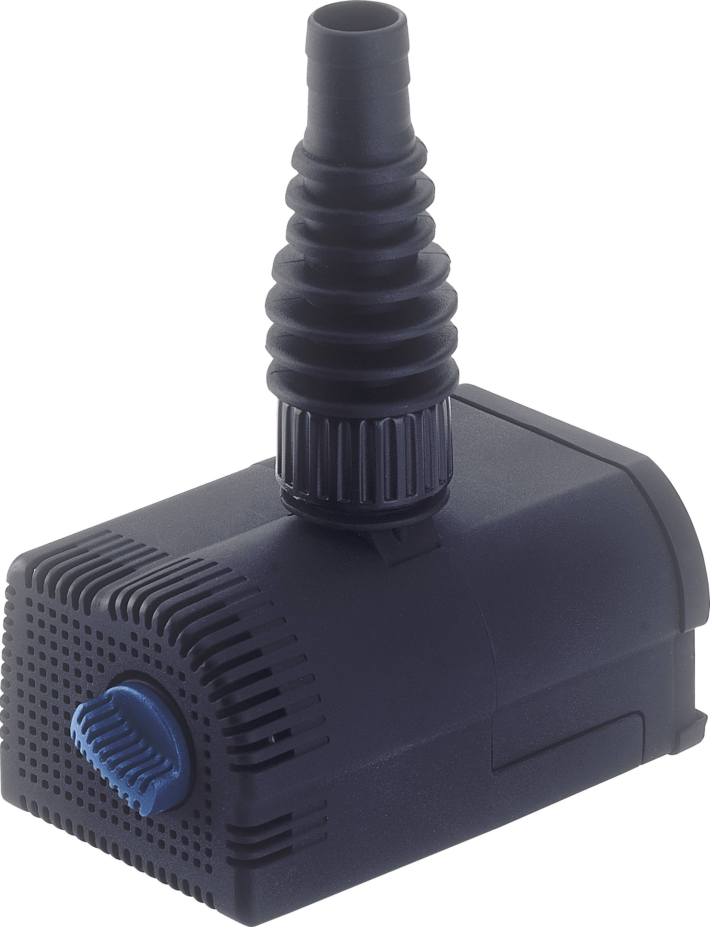 Une petite pompe à eau noire avec un cadran bleu et un embout cannelé, conçue pour les aquariums ou les petites fontaines, posée sur un fond blanc.