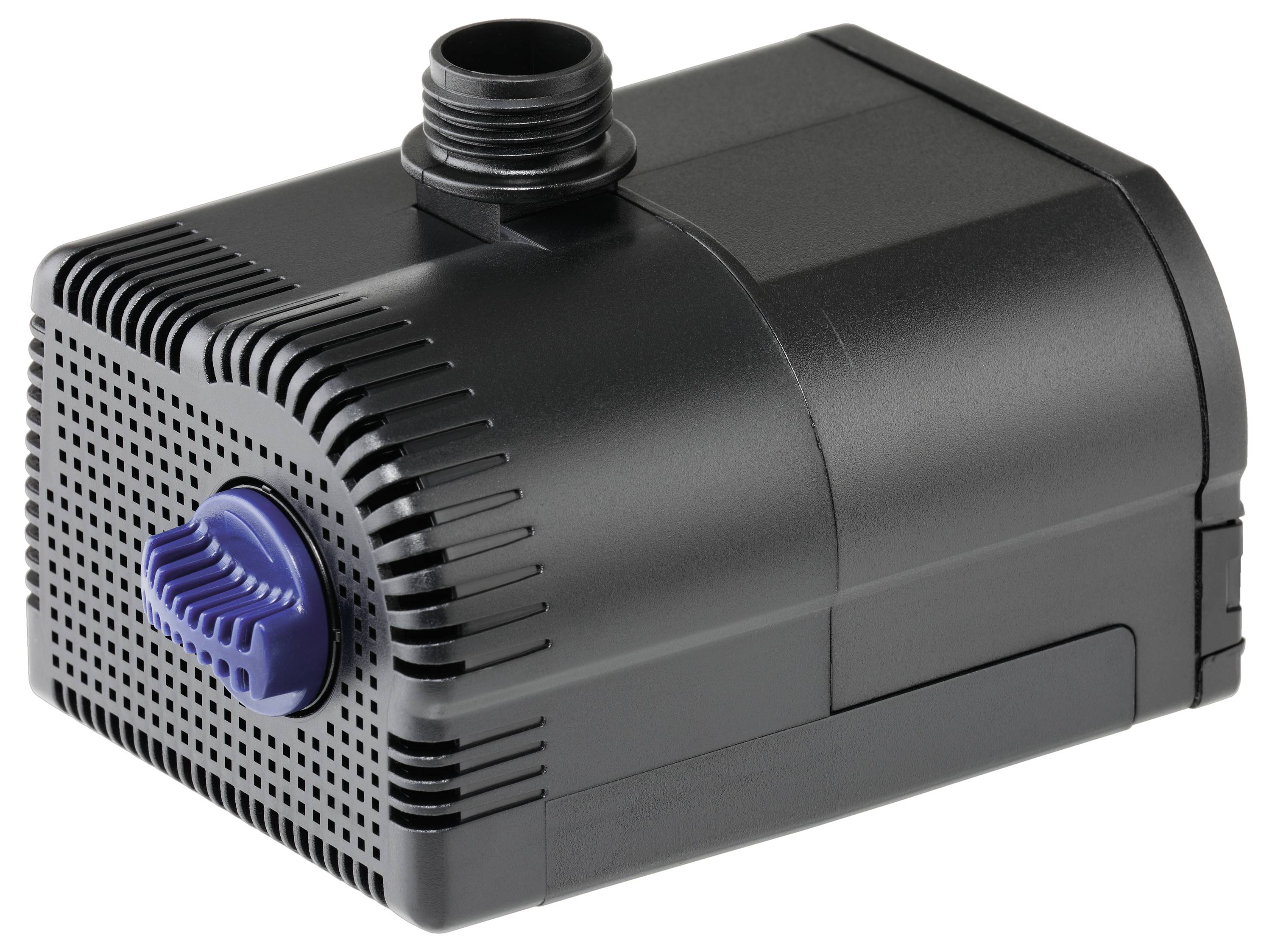 Une petite pompe à eau rectangulaire noire avec un bouton de contrôle de débit bleu sur le côté et une sortie en haut.