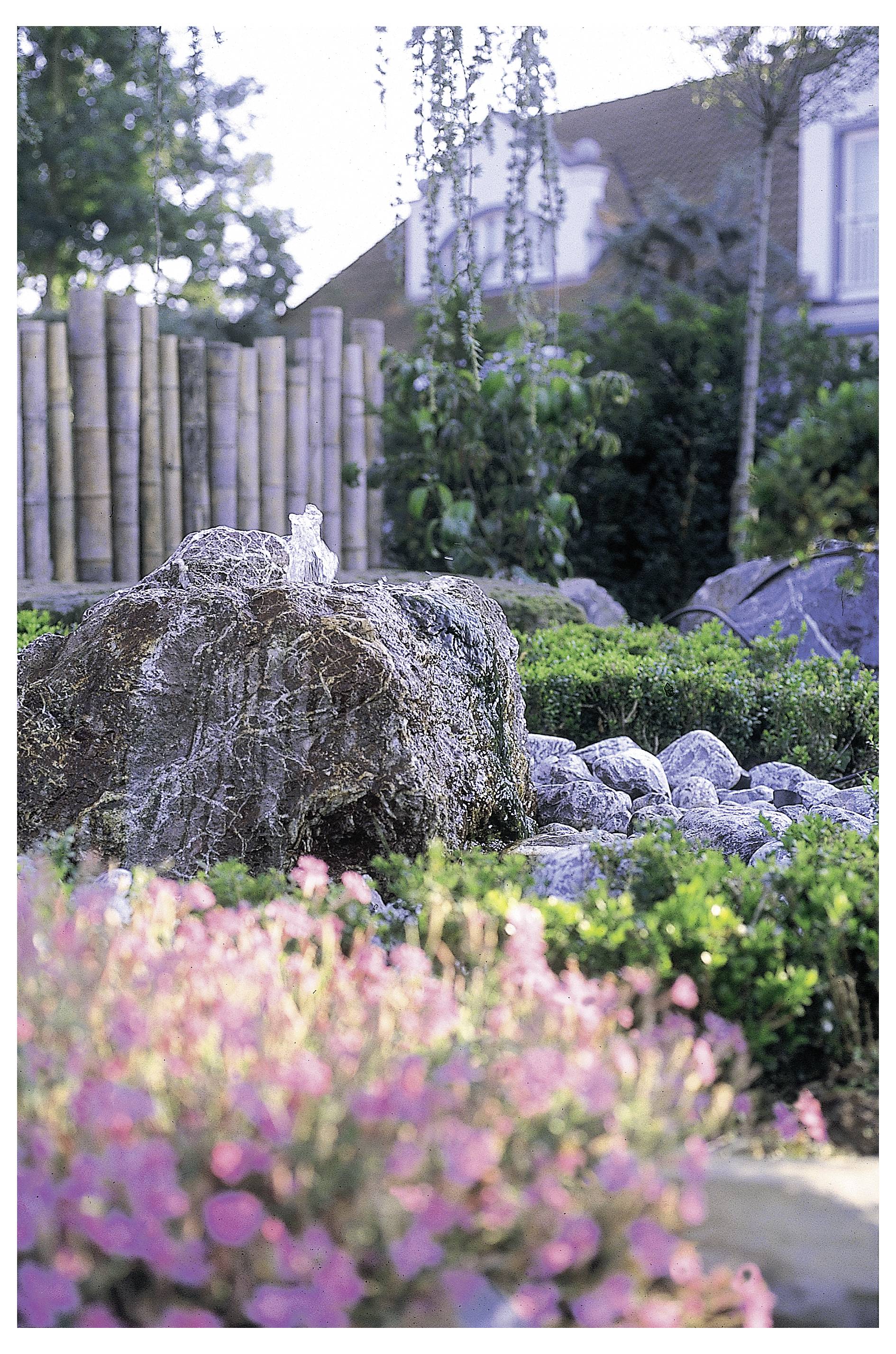 «Une scène de jardin avec une petite cascade sur un rocher, entourée de verdure et de fleurs roses, avec des maisons visibles en arrière-plan.»