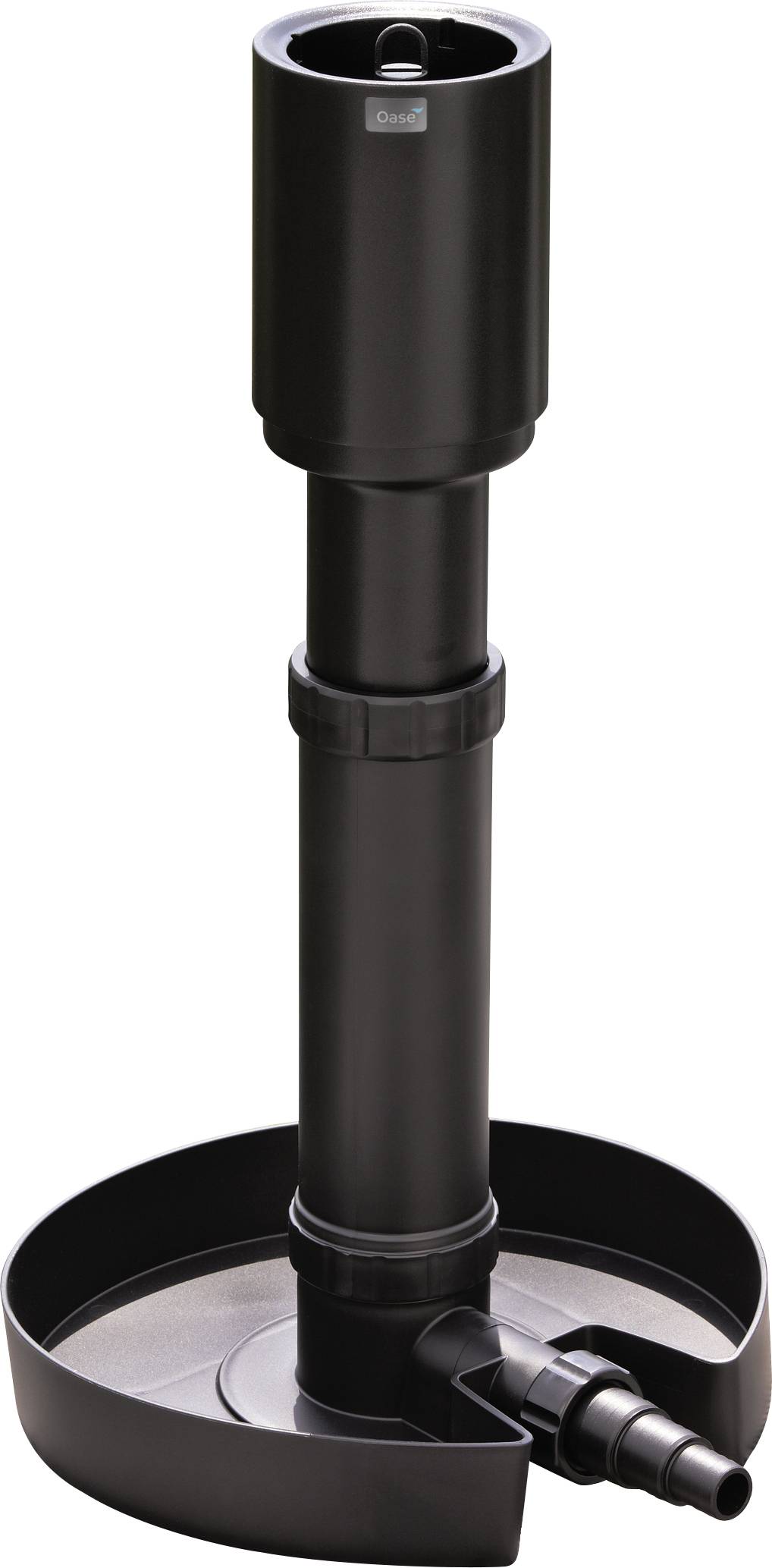 Un support noir réglable avec une base ronde et un connecteur au bas pour la fixation.