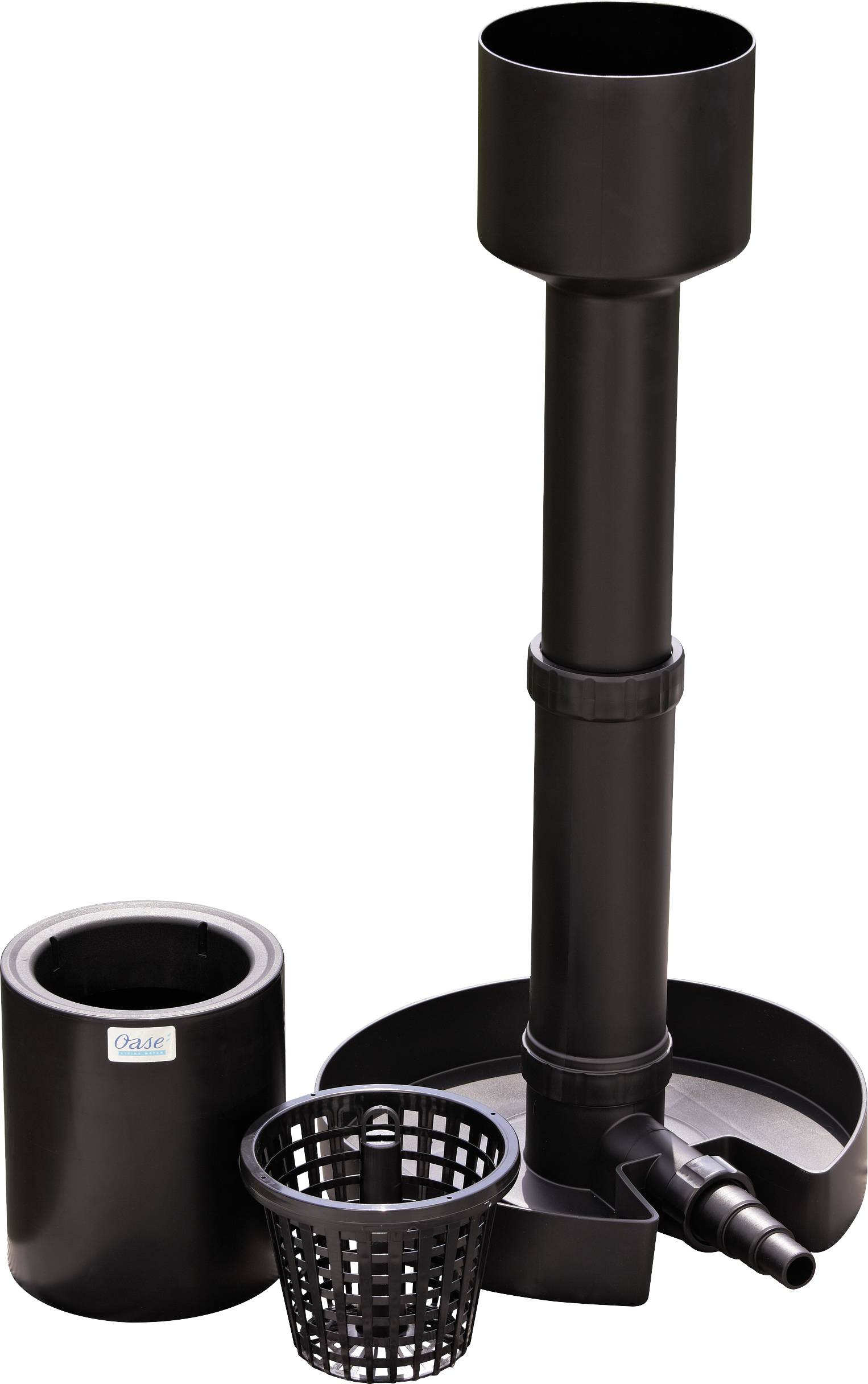 «Un filtre à eau noir avec une colonne cylindrique haute, un récipient cylindrique et un petit panier. Conçu pour une utilisation dans les étangs et les aquariums.»