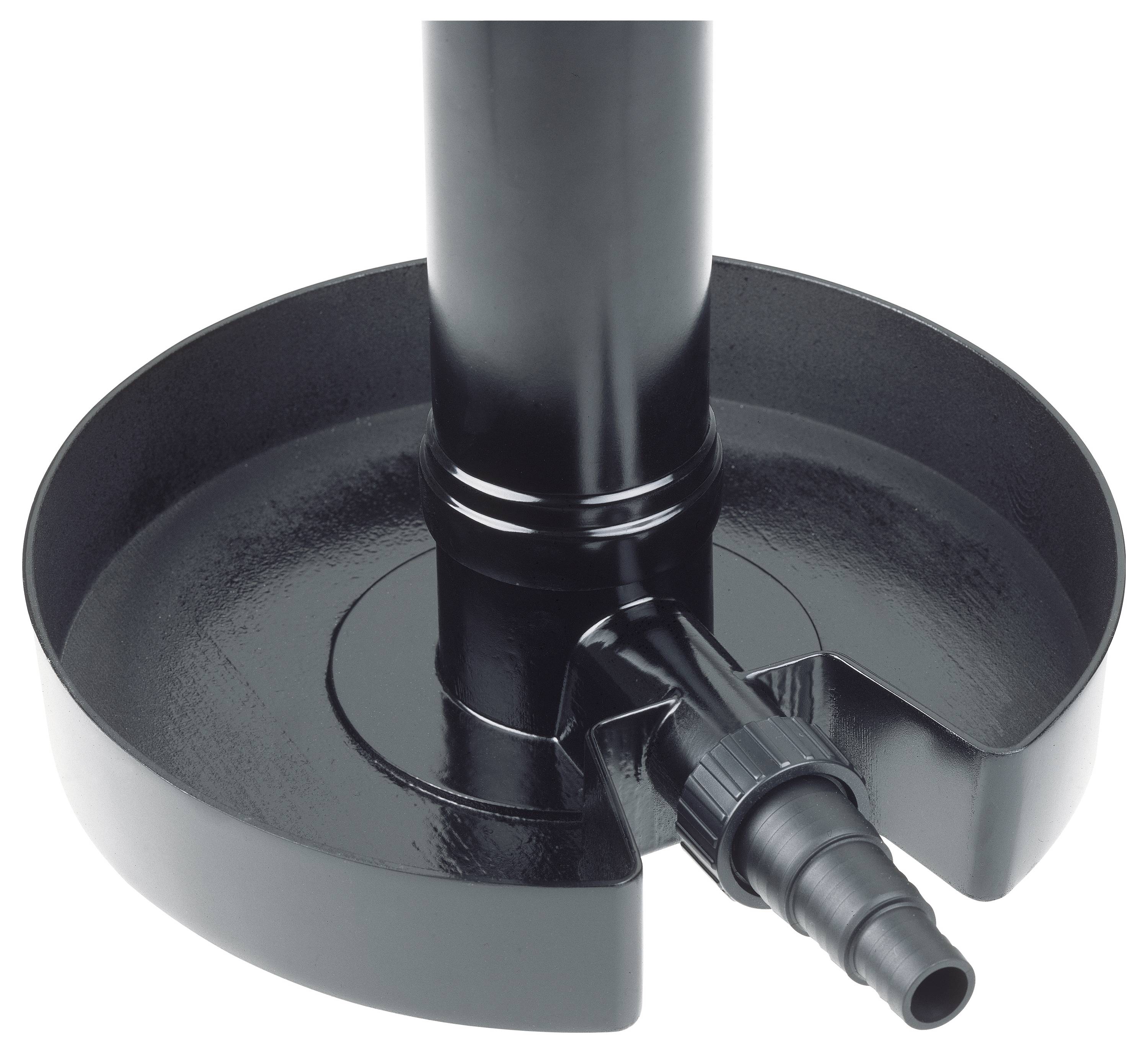 Une base en plastique noir avec un bord surélevé et un tube central. La base comporte un raccord de buse au bas pour le drainage ou la connexion.