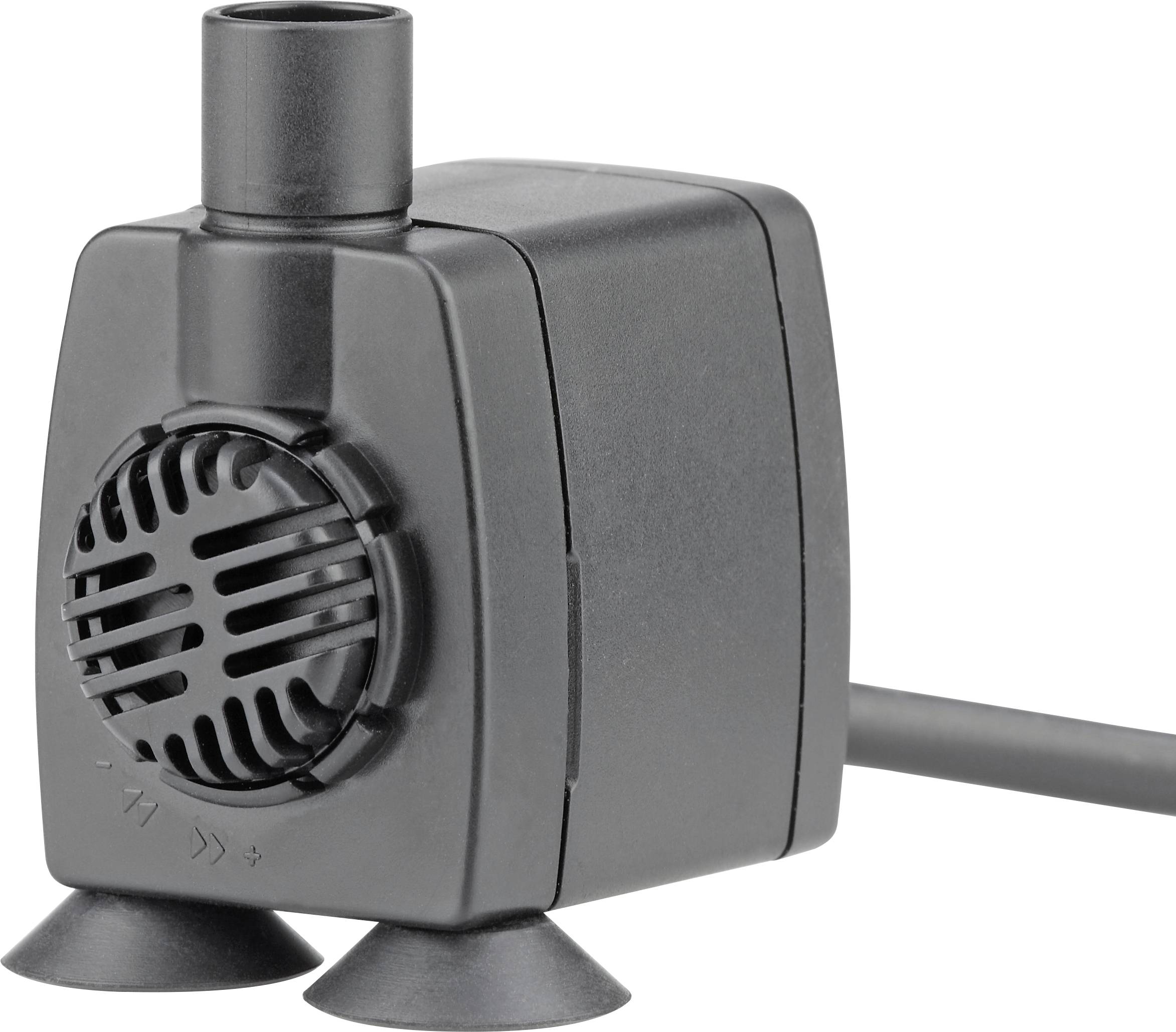 Petite pompe à eau noire avec une sortie cylindrique et deux ventouses à la base pour une stabilité optimale ; utilisée dans les fontaines ou les aquariums.