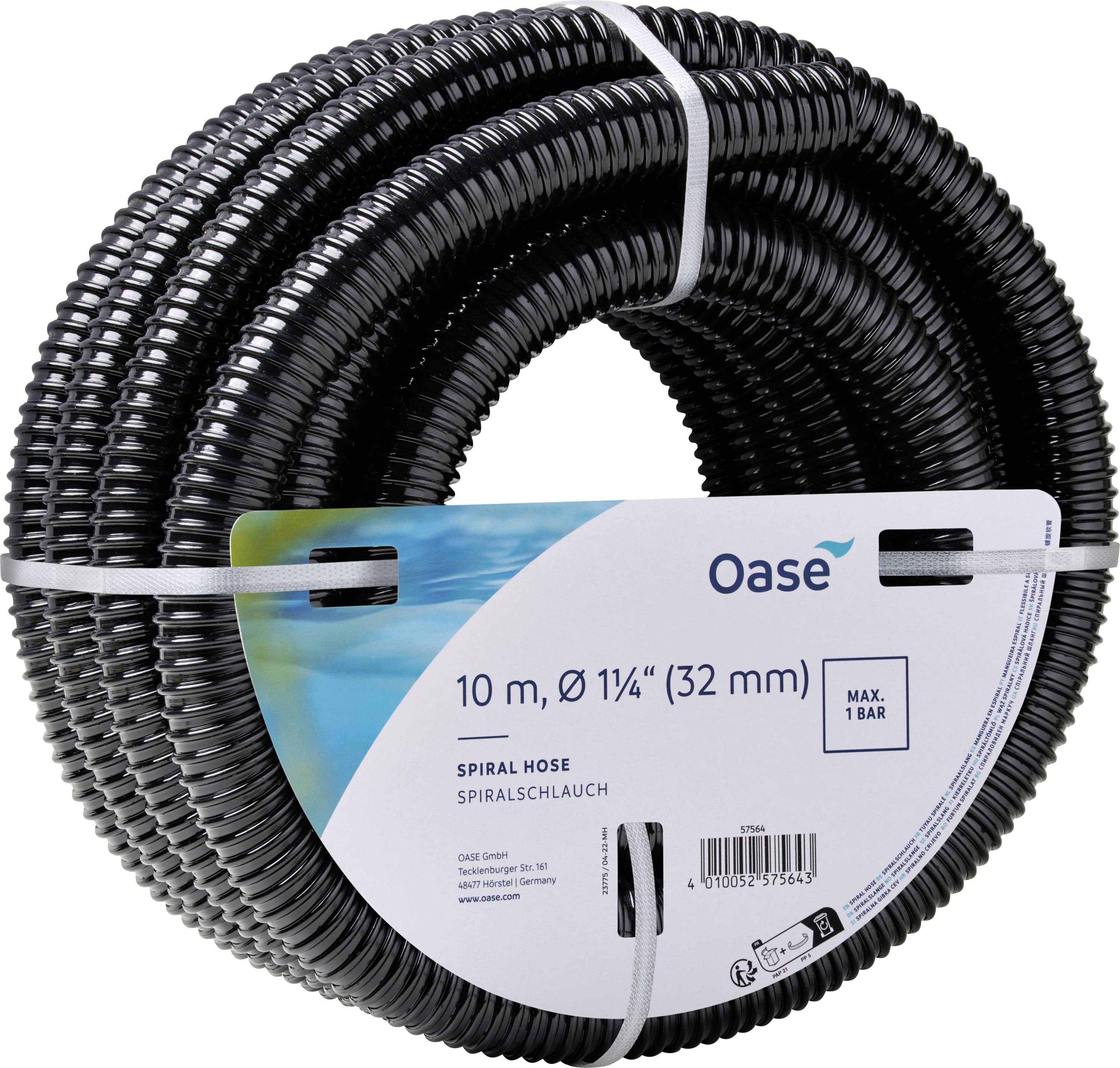 Un tuyau noir spiralé de 10 mètres avec un diamètre de 32 mm, étiqueté 'Oase', adapté à une pression d'eau allant jusqu'à 1 bar.