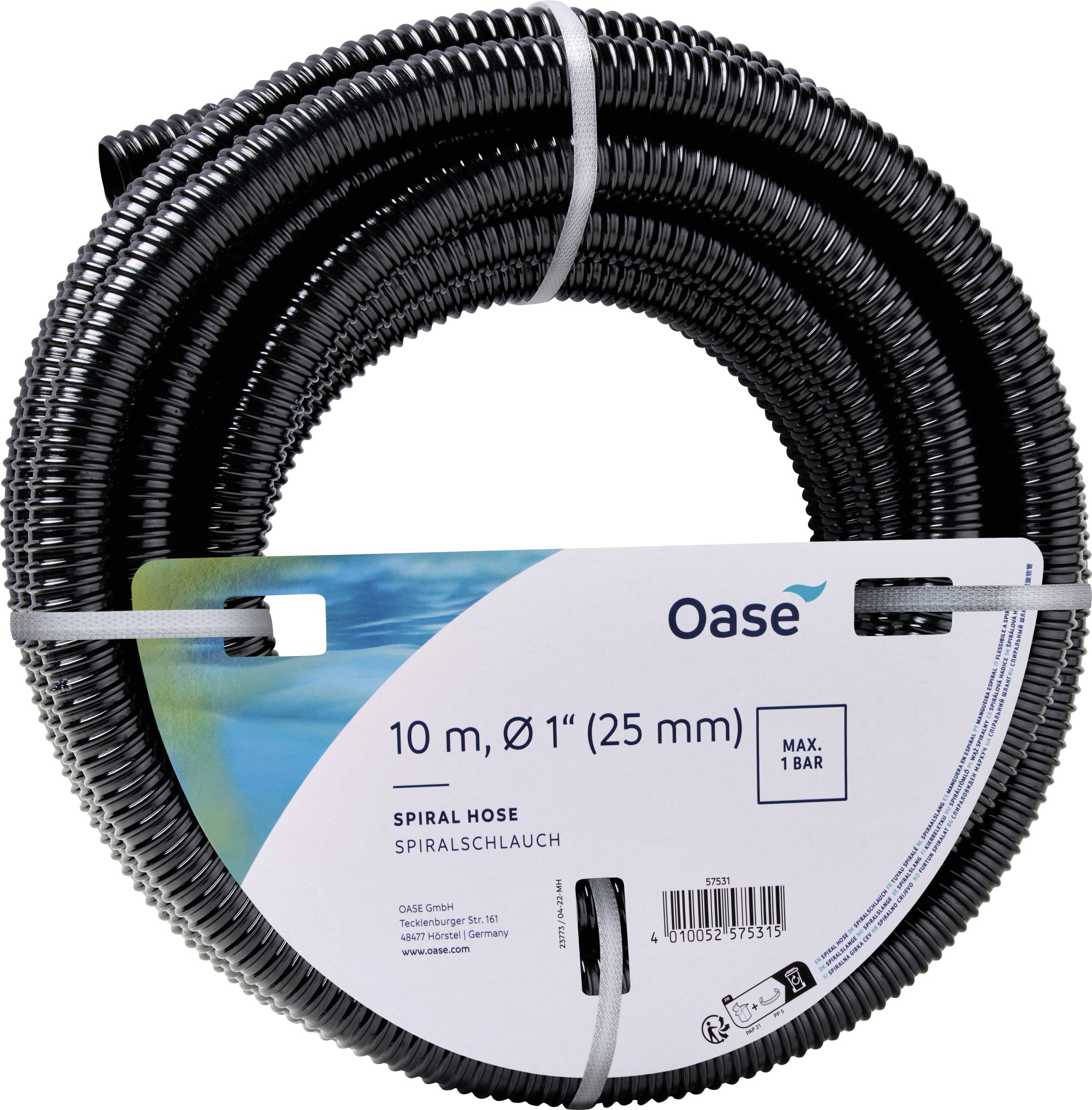 Un tuyau spiralé noir enroulé, long de 10 mètres avec un diamètre de 1 pouce (25 mm), ceint de sangles blanches, portant une étiquette indiquant « Oase Spiral Hose Max. 1 Bar ».